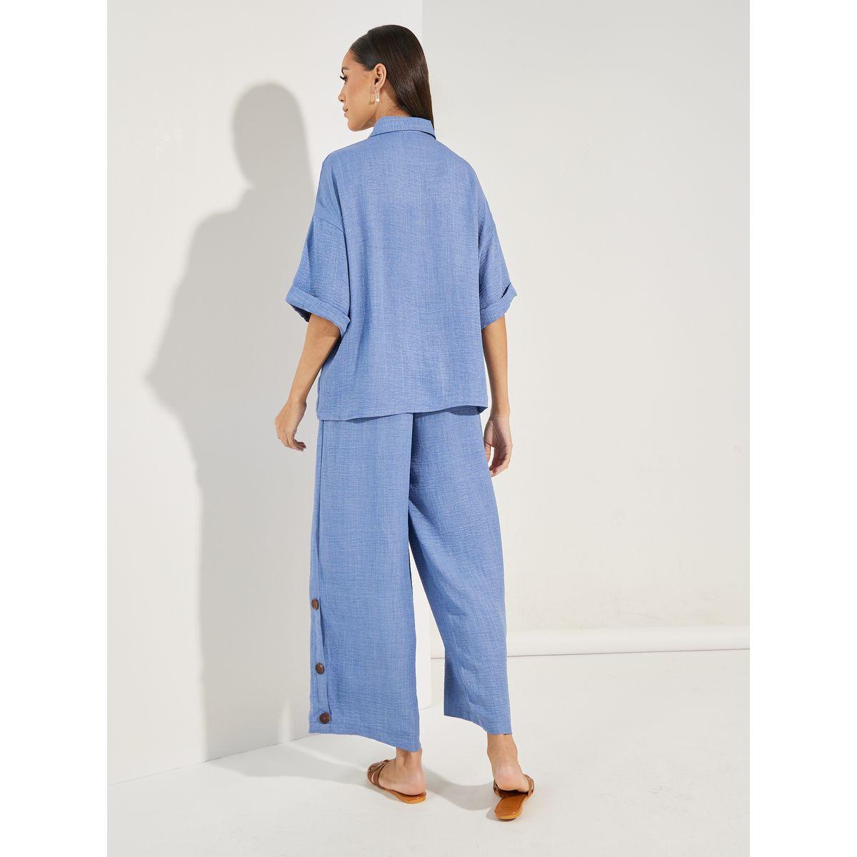 مجموعة من بنطال مزين بازرار مع بلوزة بمظهر دنيم-women-clothing-coordsets-image-4