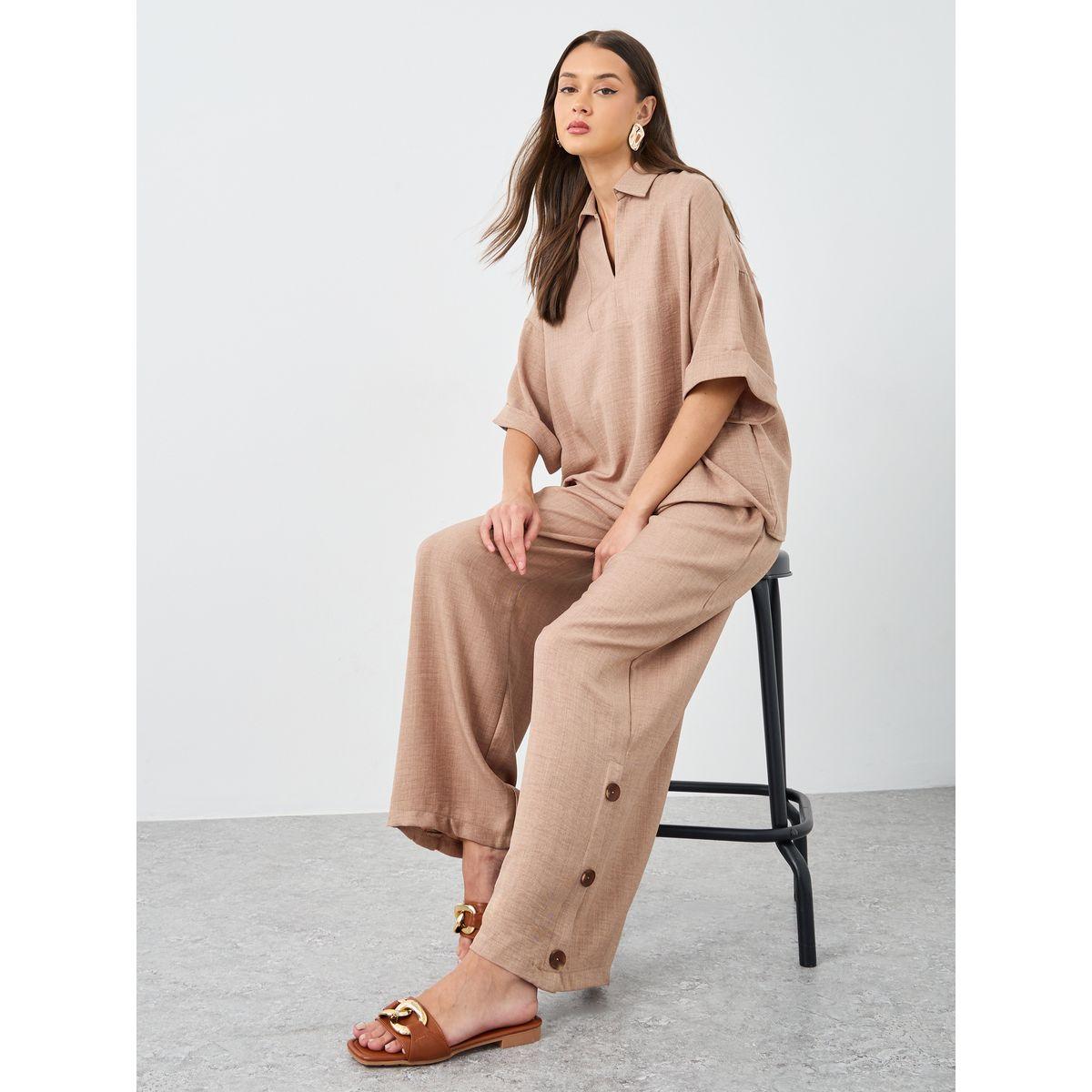 Amirah X Styli Oversized Short Sleeve Top and Wide Leg Pants Modest Set-women-clothing-coordsets-image-1