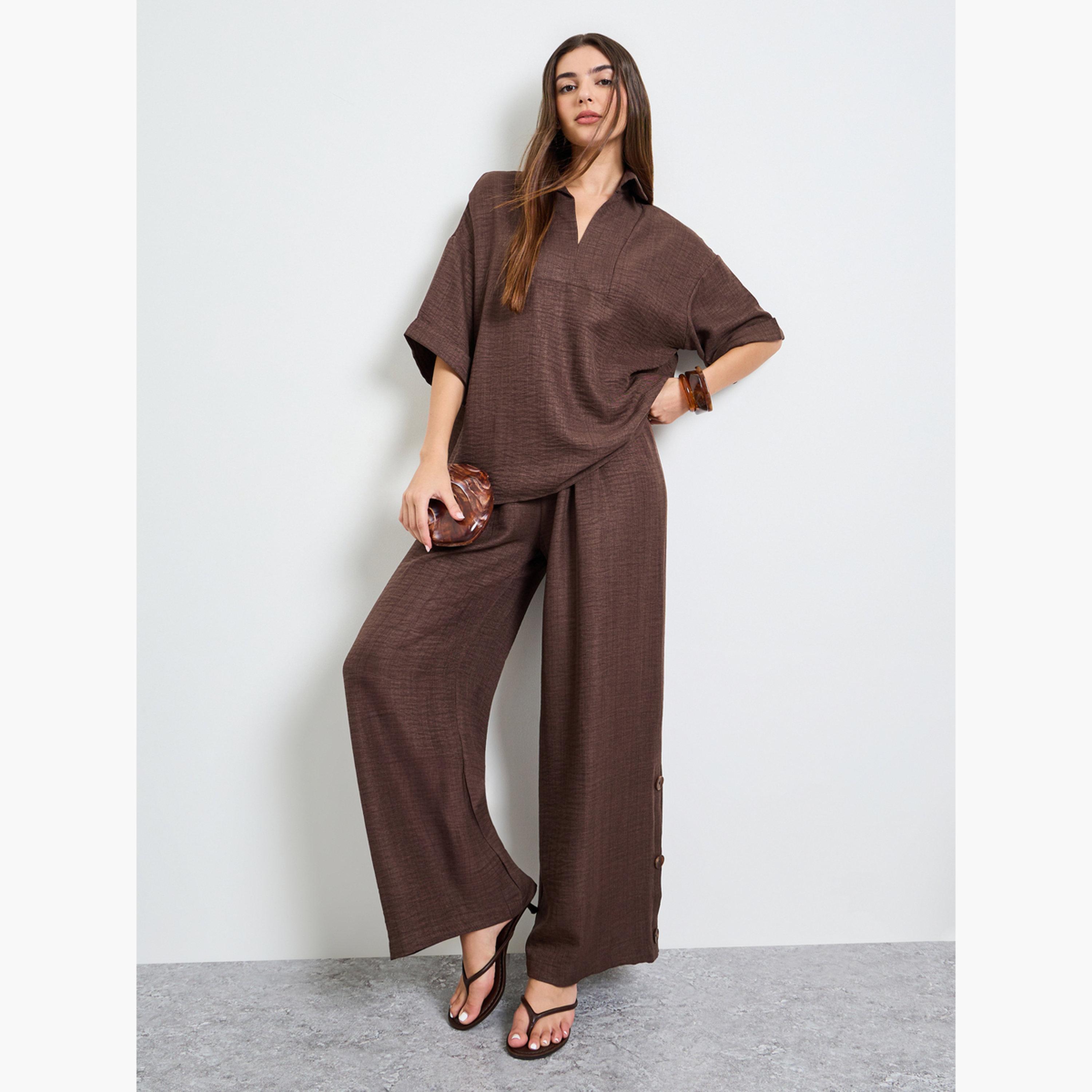 Amirah X Styli Brown Oversized Top and Wide Leg Pants Modest Set-women-clothing-coordsets-image-1