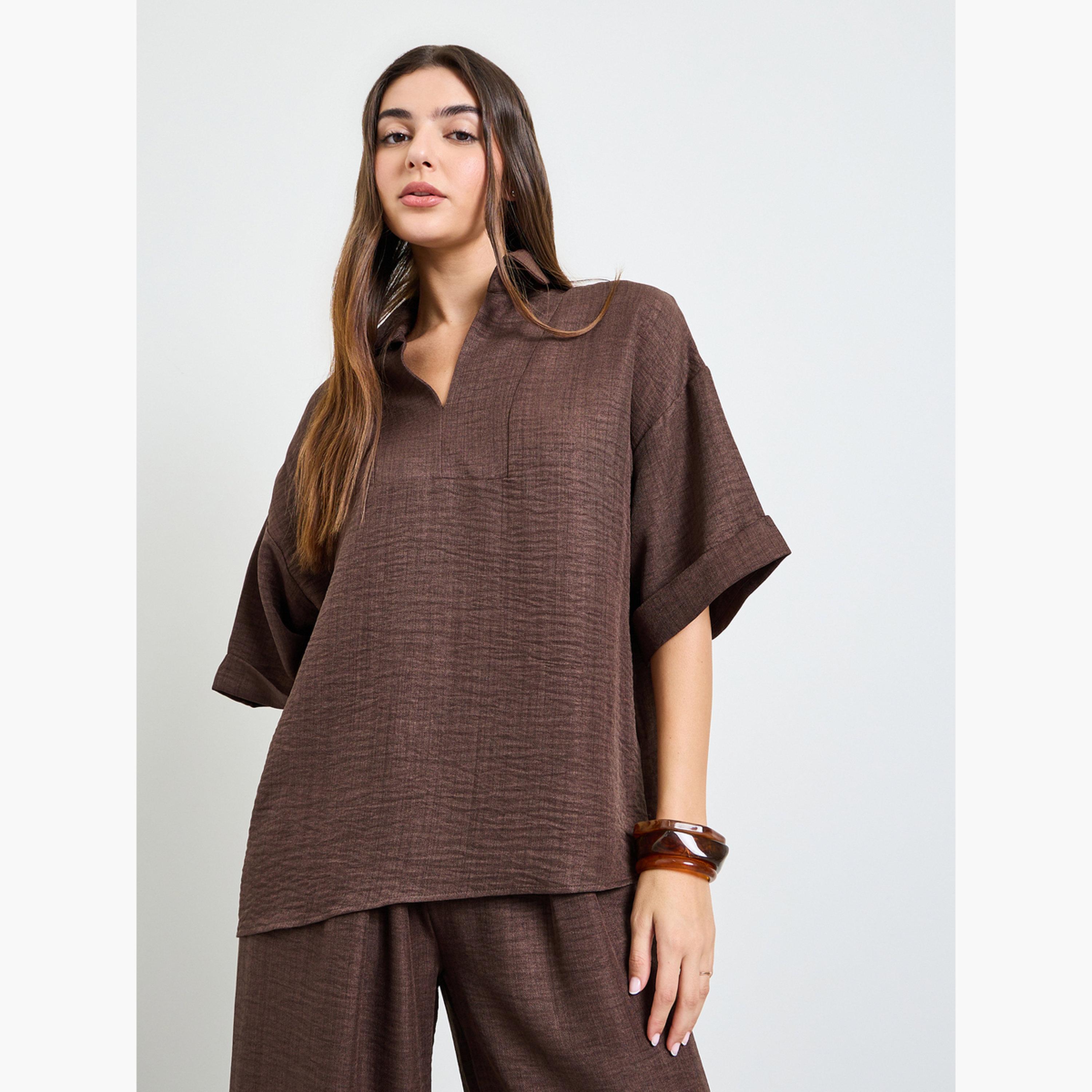Amirah X Styli Brown Oversized Top and Wide Leg Pants Modest Set-women-clothing-coordsets-image-2