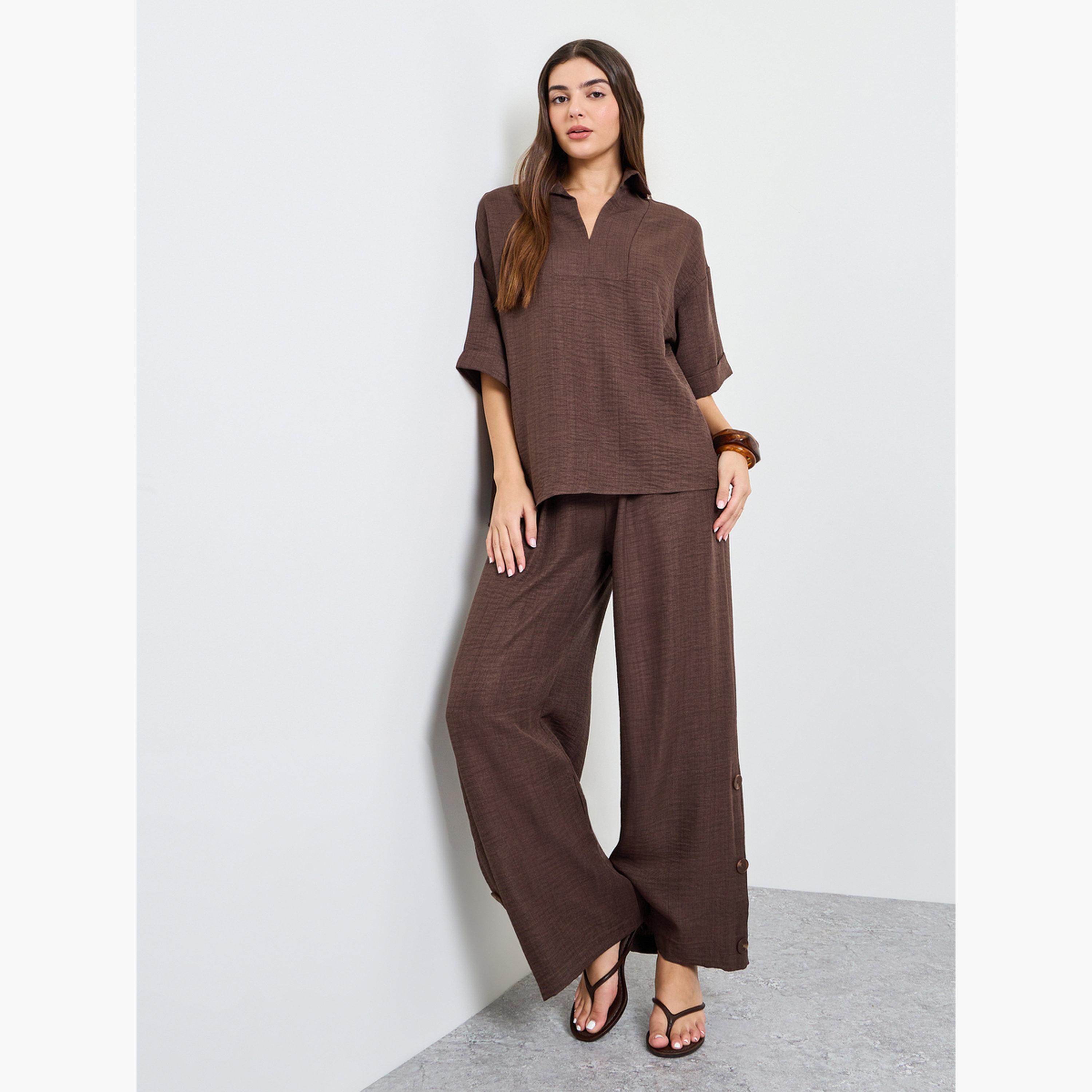 Amirah X Styli Brown Oversized Top and Wide Leg Pants Modest Set-women-clothing-coordsets-image-3