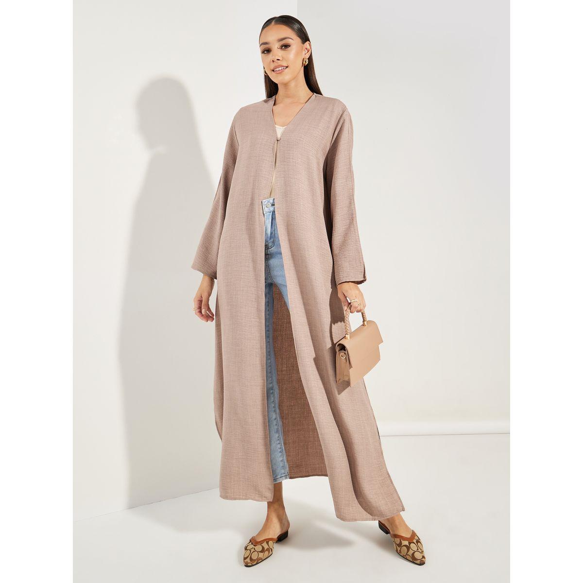 عباية بمظهر الدنيم مع اكمام مزينة بشق-women-arabicclothing-abayas-image-1