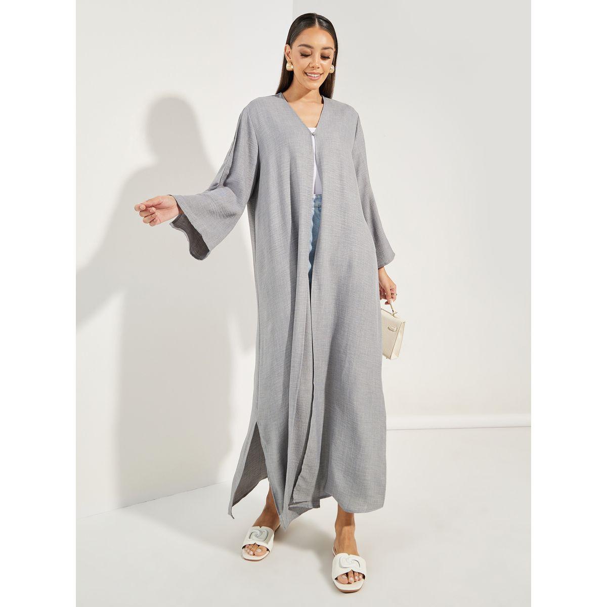 عباية بمظهر الدنيم مع اكمام مزينة بشق-women-arabicclothing-abayas-image-1