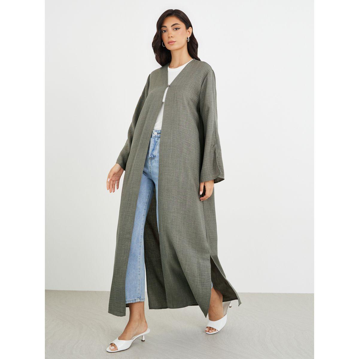 Amirah X Styli Slit Sleeve A-Line Abaya with Button Detail-women-arabicclothing-abayas-image-2