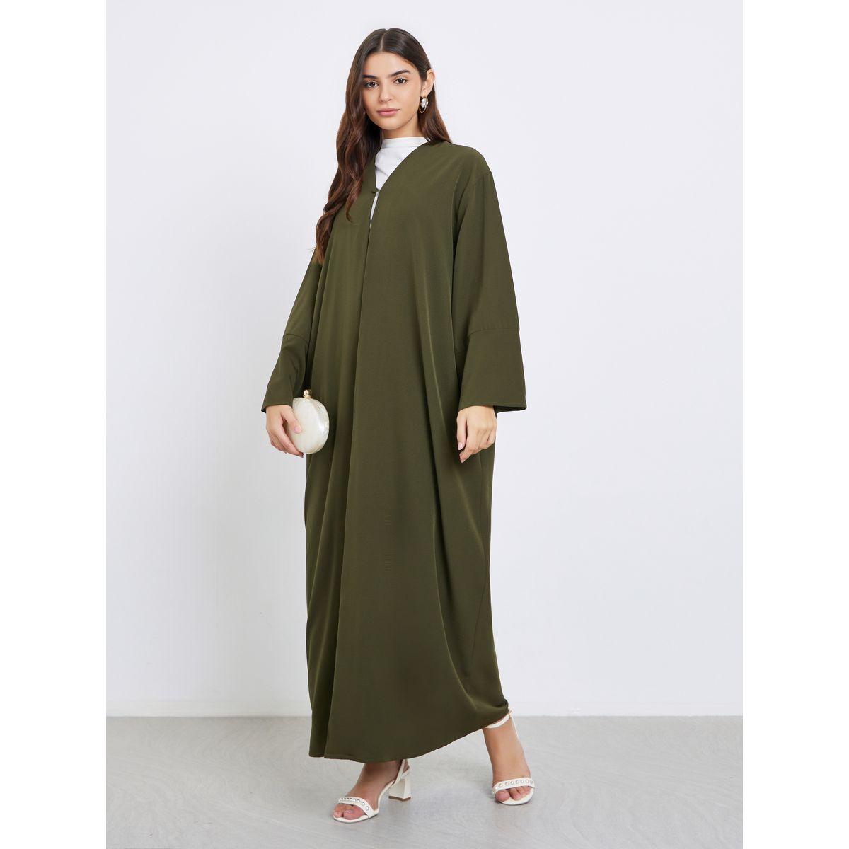 Styli Textured Abaya with Button Loop Closure-women-arabicclothing-abayas-image-1