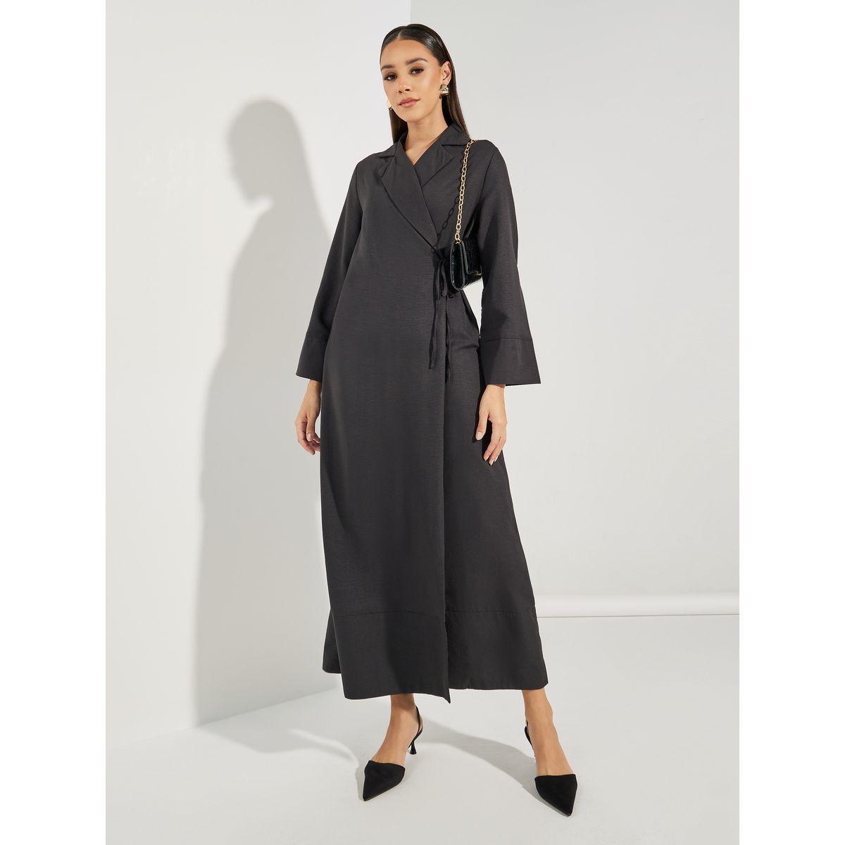 عباية بنمط لف وياقة بشق مع اربطة خصر-women-arabicclothing-abayas-image-1