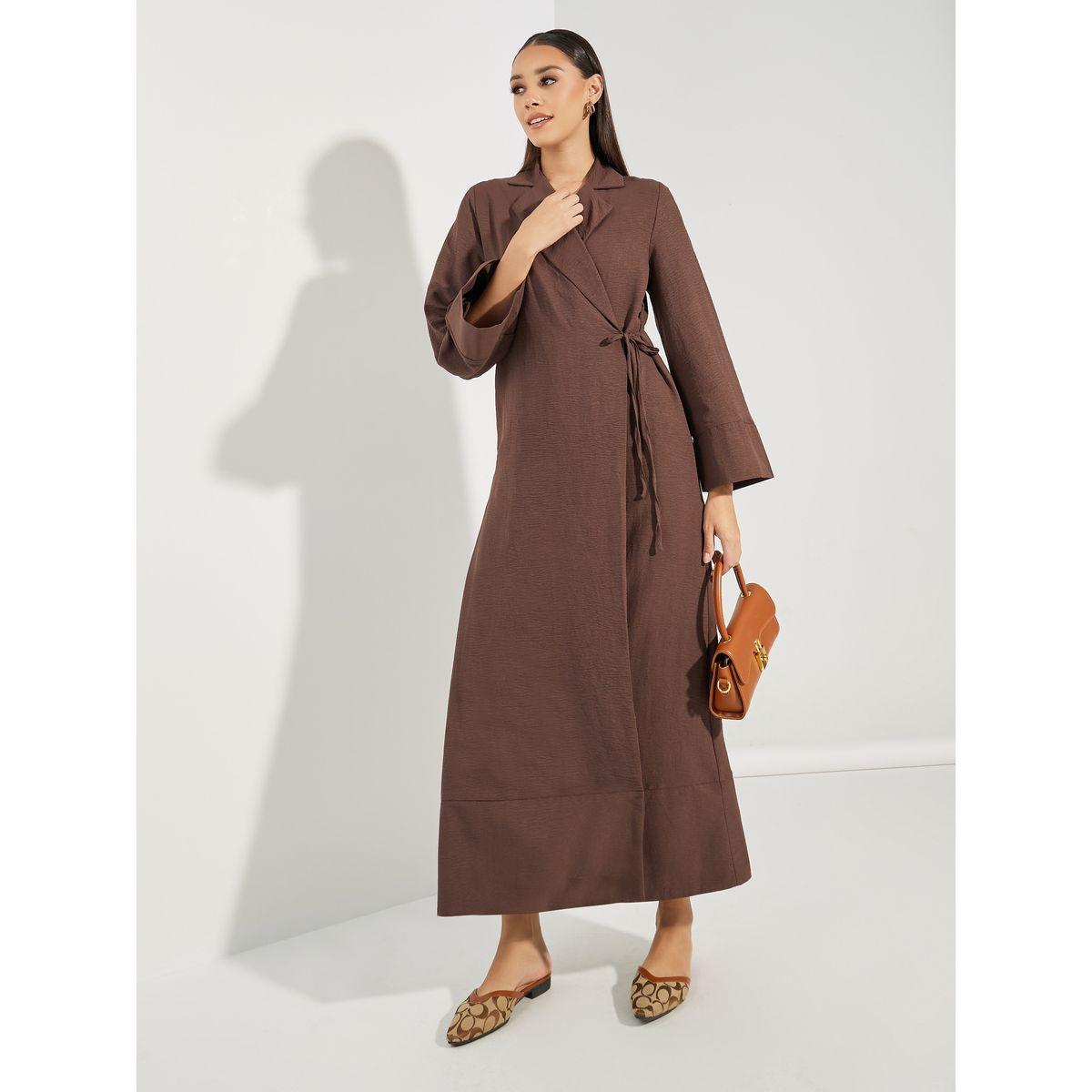 Styli Notch Lapel Wrap Abaya with Tie Waist-women-arabicclothing-abayas-image-1