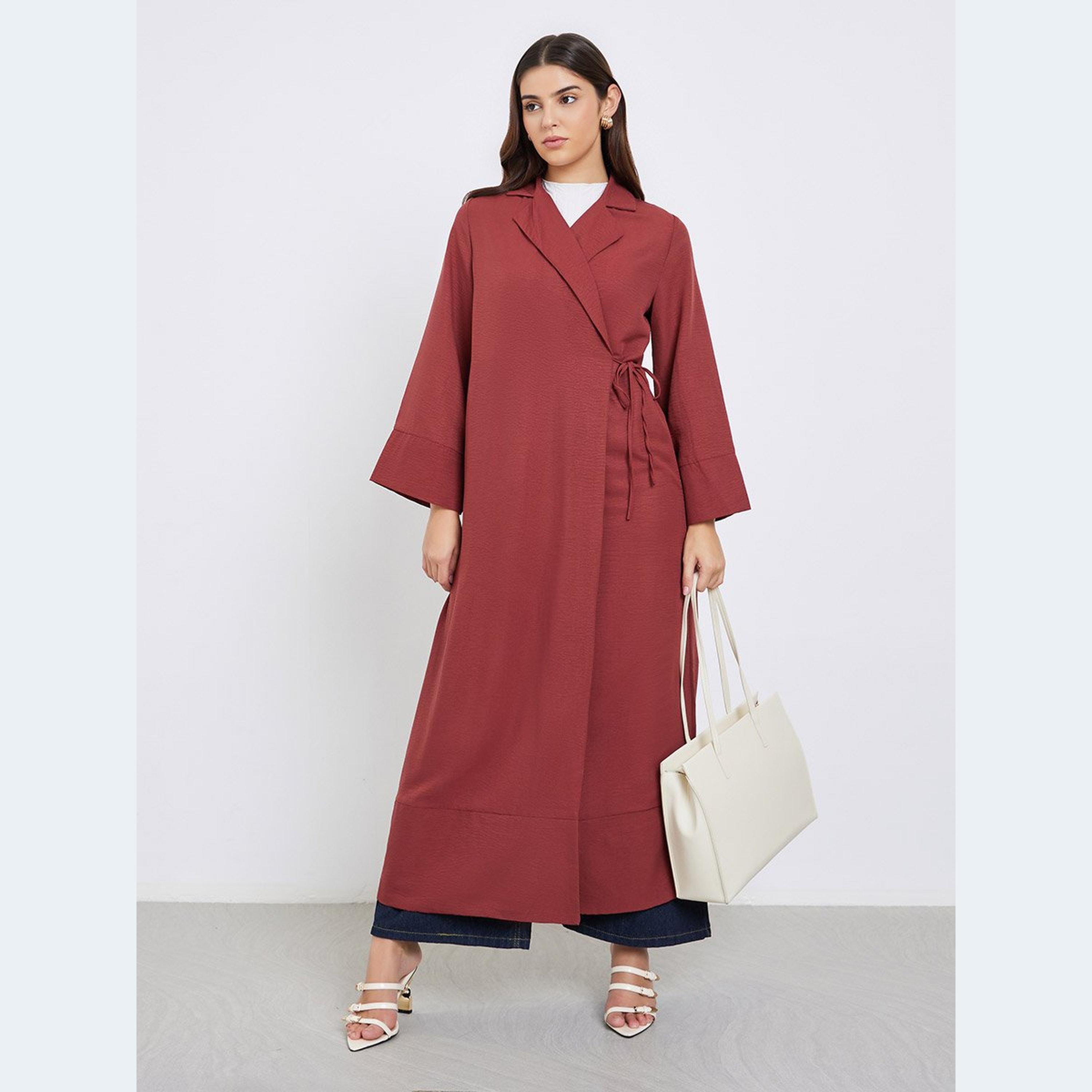 Amirah X Styli Burgundy Notch Label Wrap Abaya-women-arabicclothing-abayas-image-1