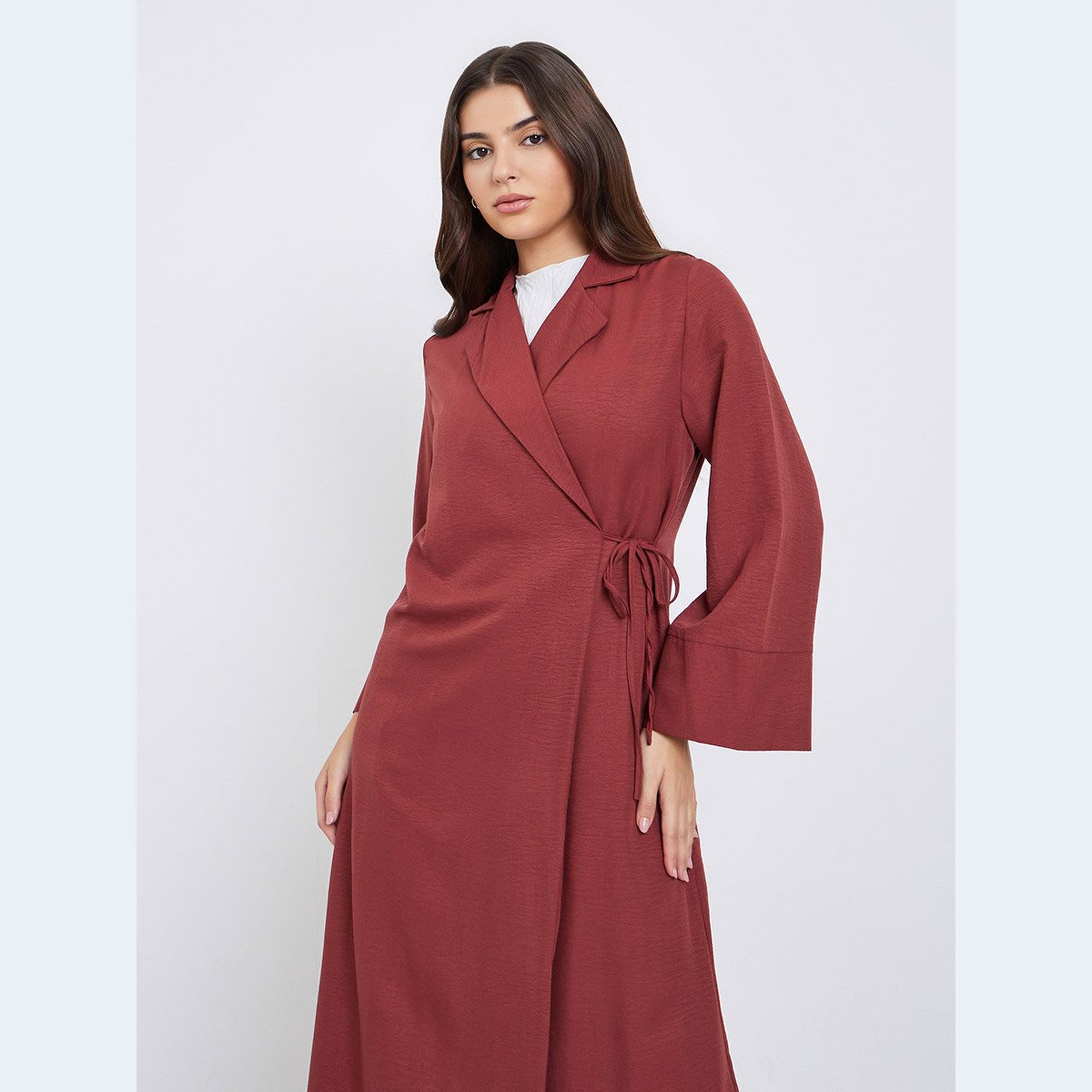 Amirah X Styli Burgundy Notch Label Wrap Abaya-women-arabicclothing-abayas-image-2