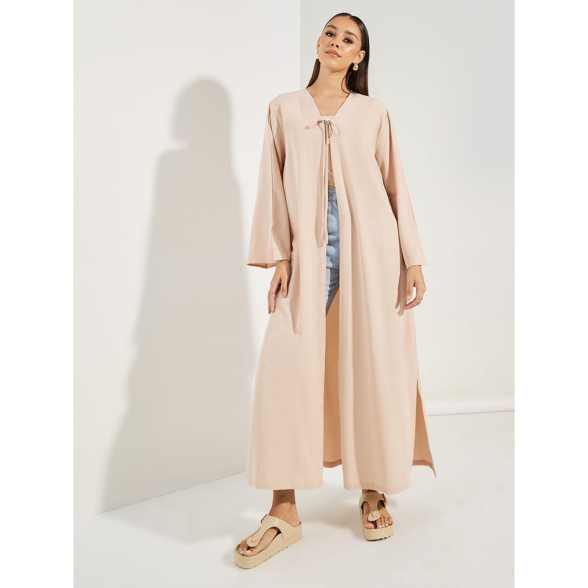 Styli Textured Abaya with Tie Front and Slit Sleeve Detail-women-arabicclothing-abayas-image-1
