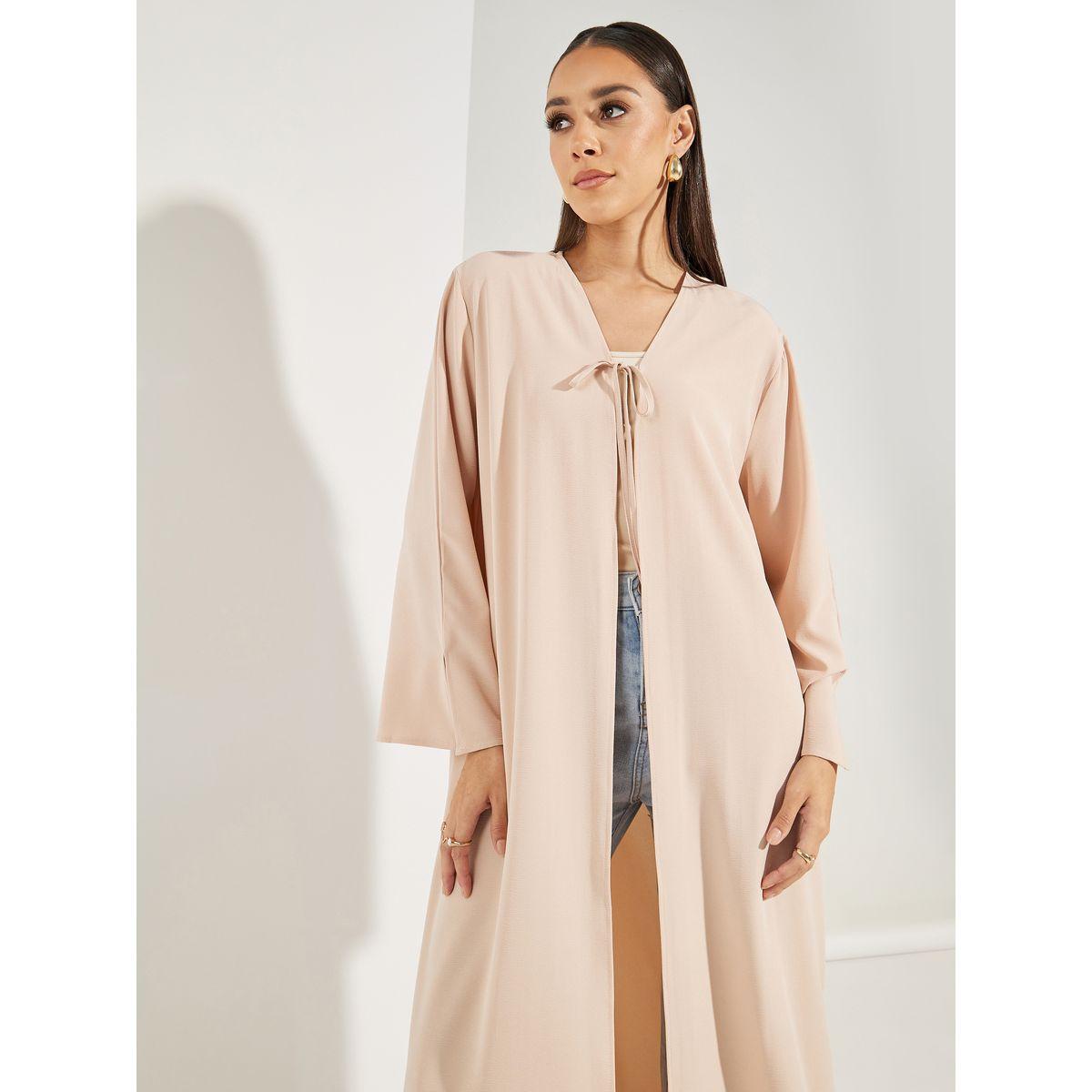 Styli Textured Abaya with Tie Front and Slit Sleeve Detail-women-arabicclothing-abayas-image-3