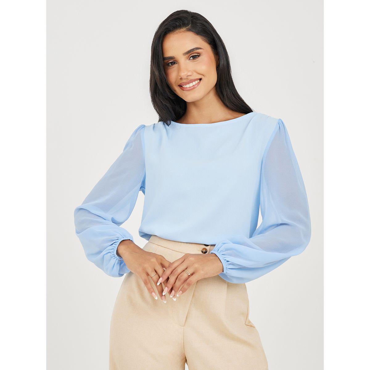 Styli Solid Chiffon Blouse with Balloon Sleeve-women-clothing-shirtsandblouses-blouses-image-1