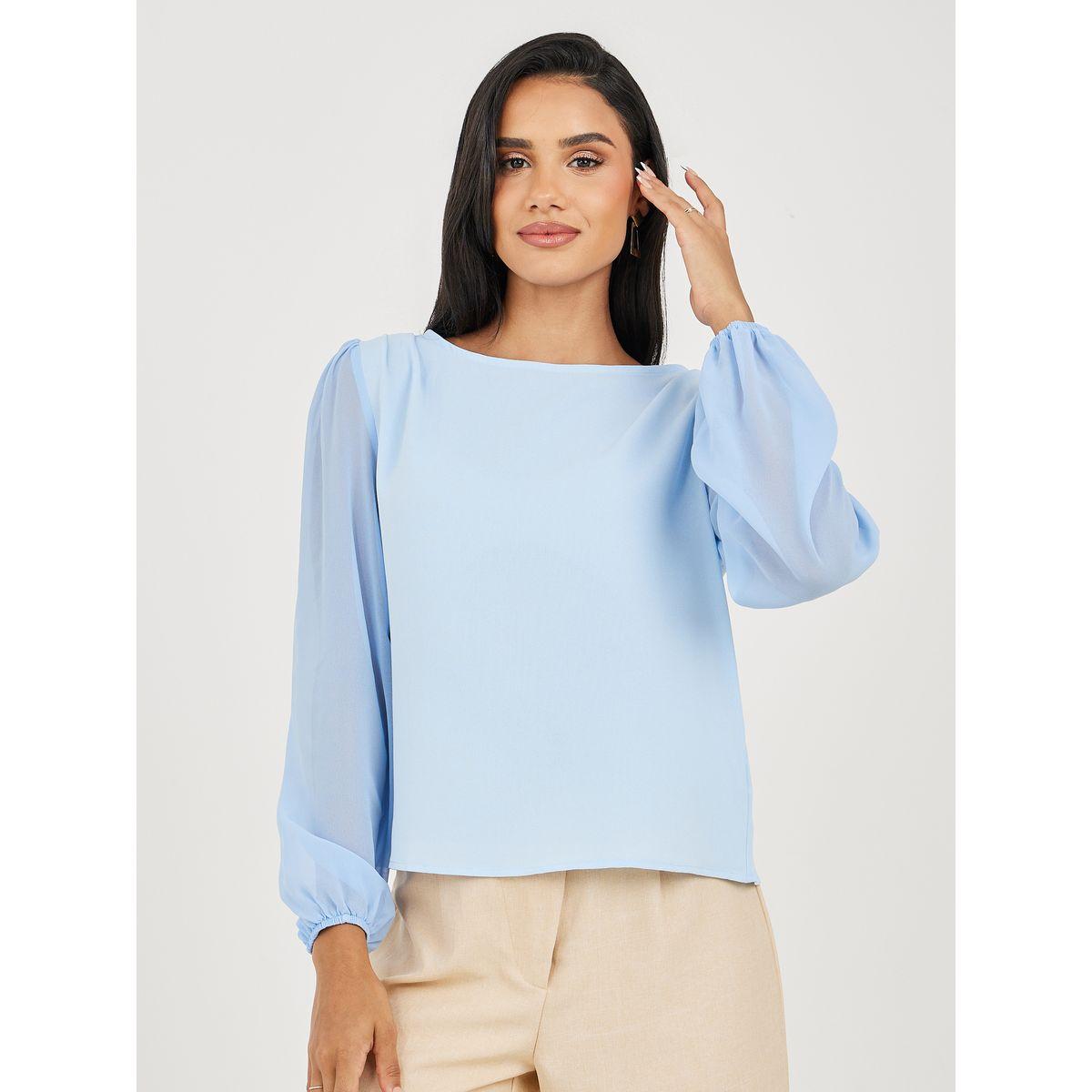 Styli Solid Chiffon Blouse with Balloon Sleeve-women-clothing-shirtsandblouses-blouses-image-3
