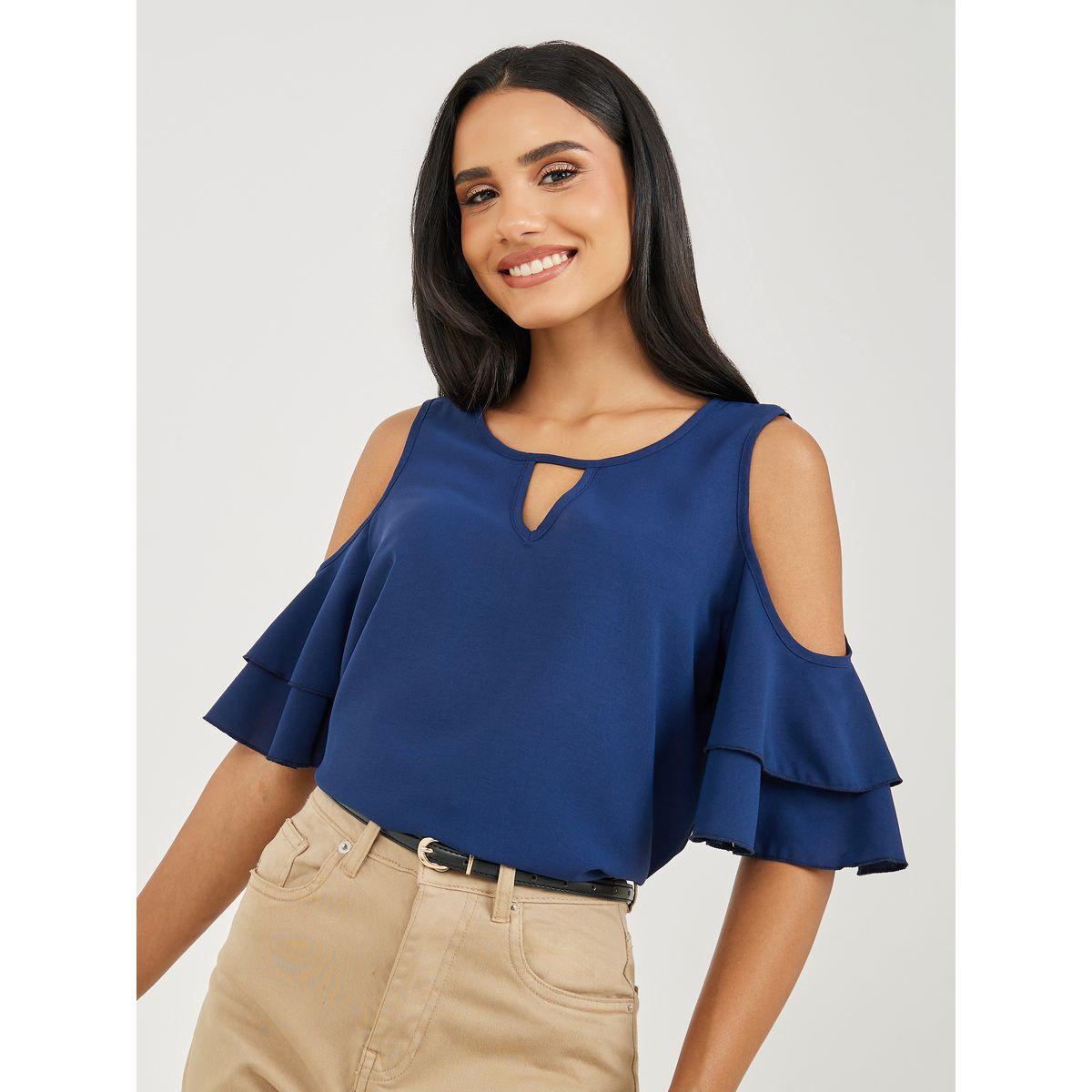 Styli Ruffled Cold Shoulder Blouse with Keyhole Neck-women-clothing-shirtsandblouses-blouses-image-1