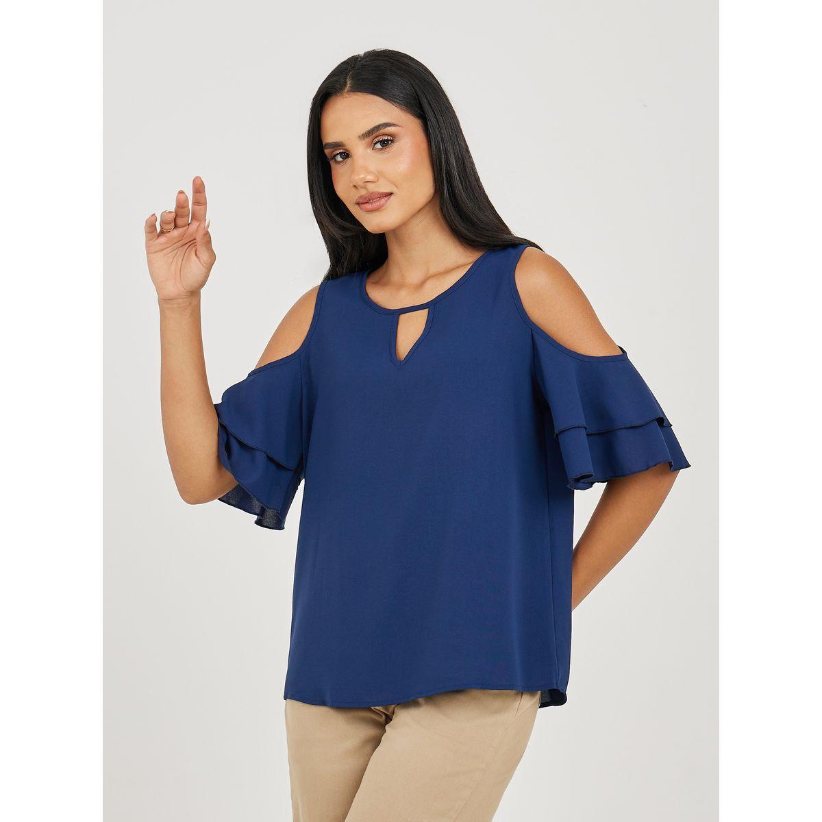بلوزة باكتاف مكشوفة وكشكش مع ياقة بشق-women-clothing-shirtsandblouses-blouses-image-2