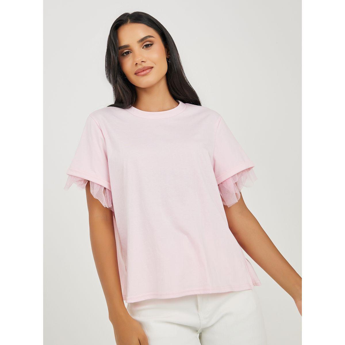 تيشيرت سادة بتفاصيل شبكية واكمام قصيرة-women-clothing-tshirts-image-1
