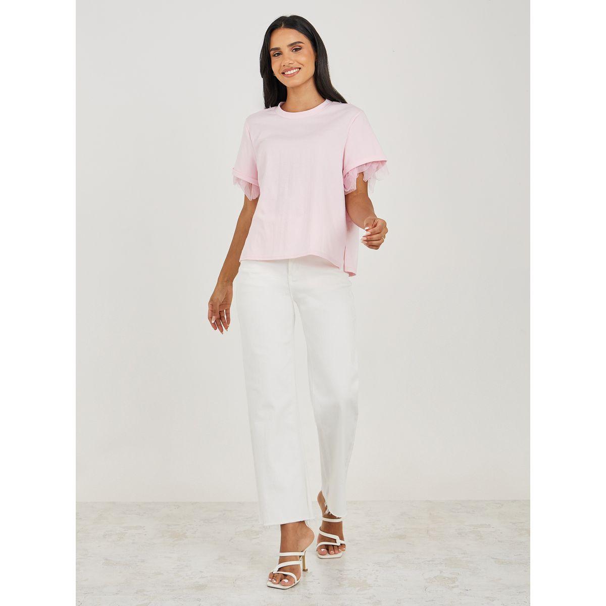 تيشيرت سادة بتفاصيل شبكية واكمام قصيرة-women-clothing-tshirts-image-2
