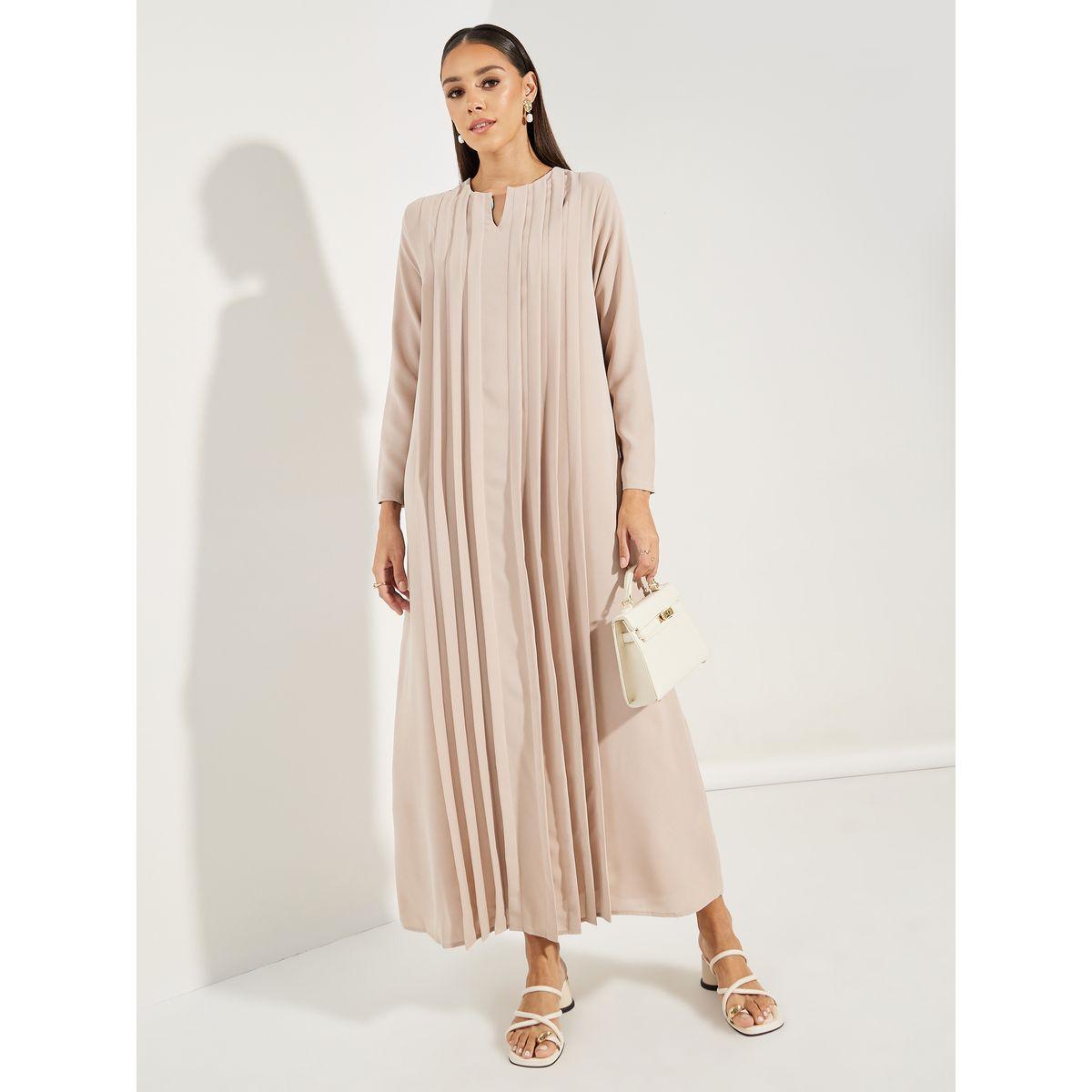 Styli Pleated Front Notch Neck Jalabiya-women-arabicclothing-jalabiyas-image-1
