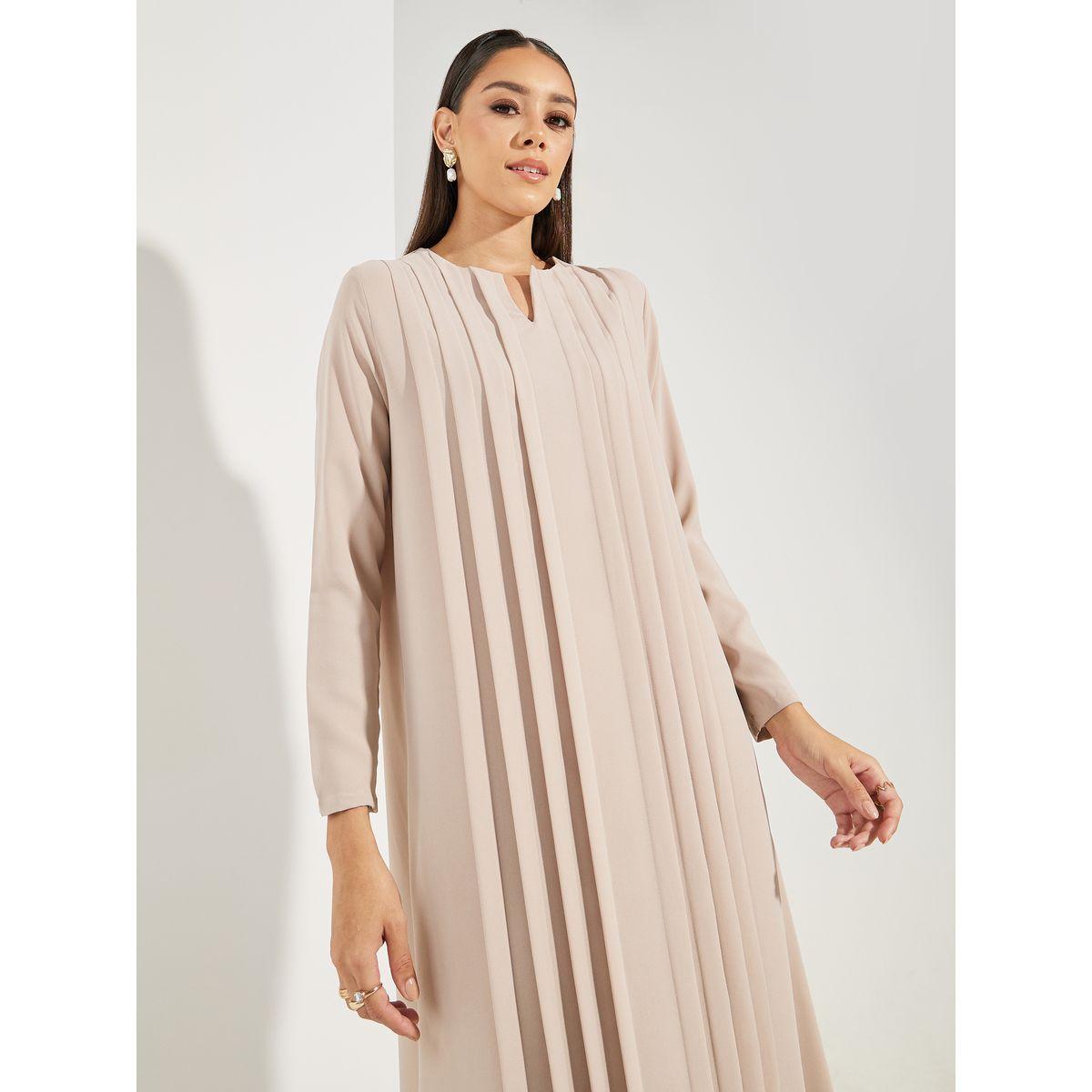 Styli Pleated Front Notch Neck Jalabiya-women-arabicclothing-jalabiyas-image-2