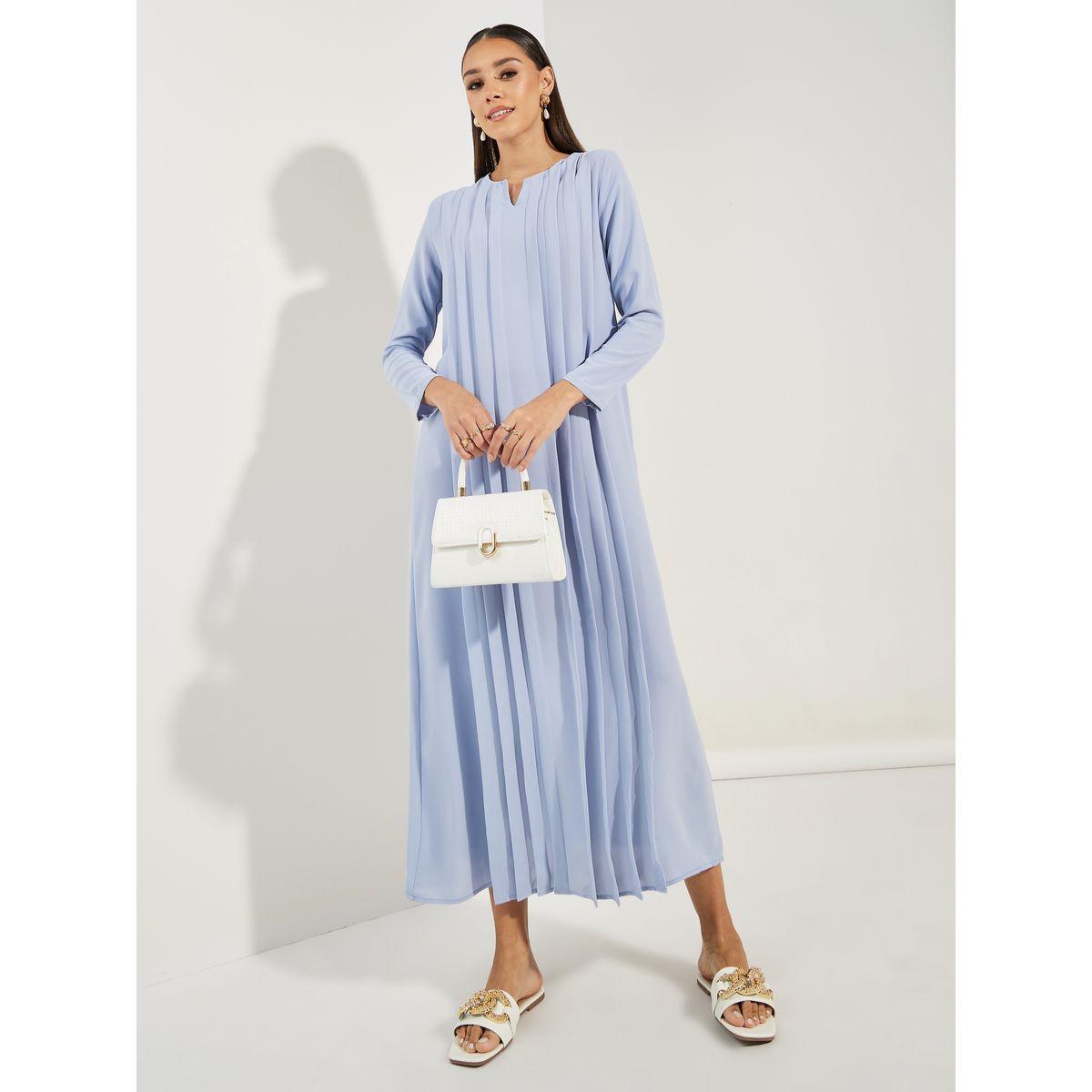 Styli Pleated Front Notch Neck Jalabiya-women-arabicclothing-jalabiyas-image-1
