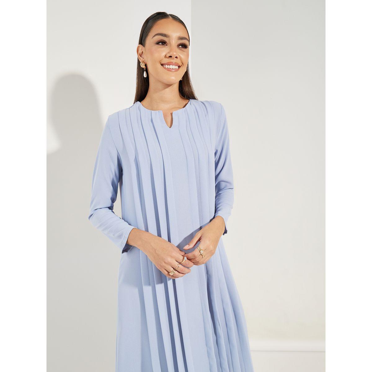Styli Pleated Front Notch Neck Jalabiya-women-arabicclothing-jalabiyas-image-2