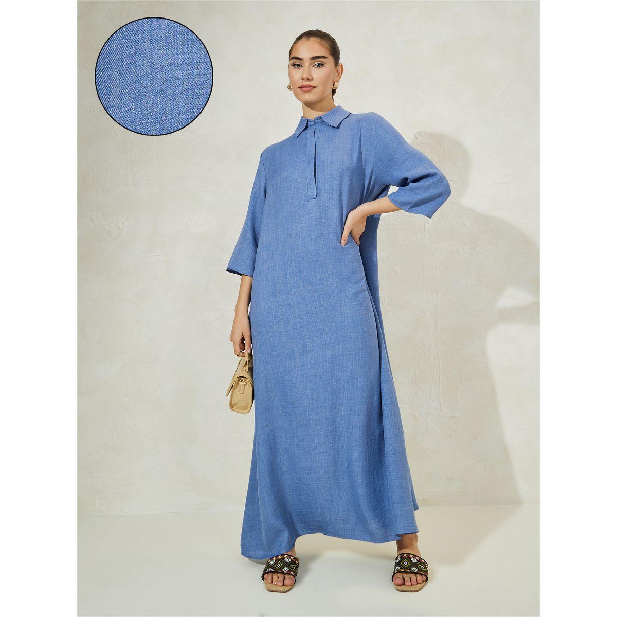 Styli Denim Look Collared Jalabiya-women-arabicclothing-jalabiyas-image-1