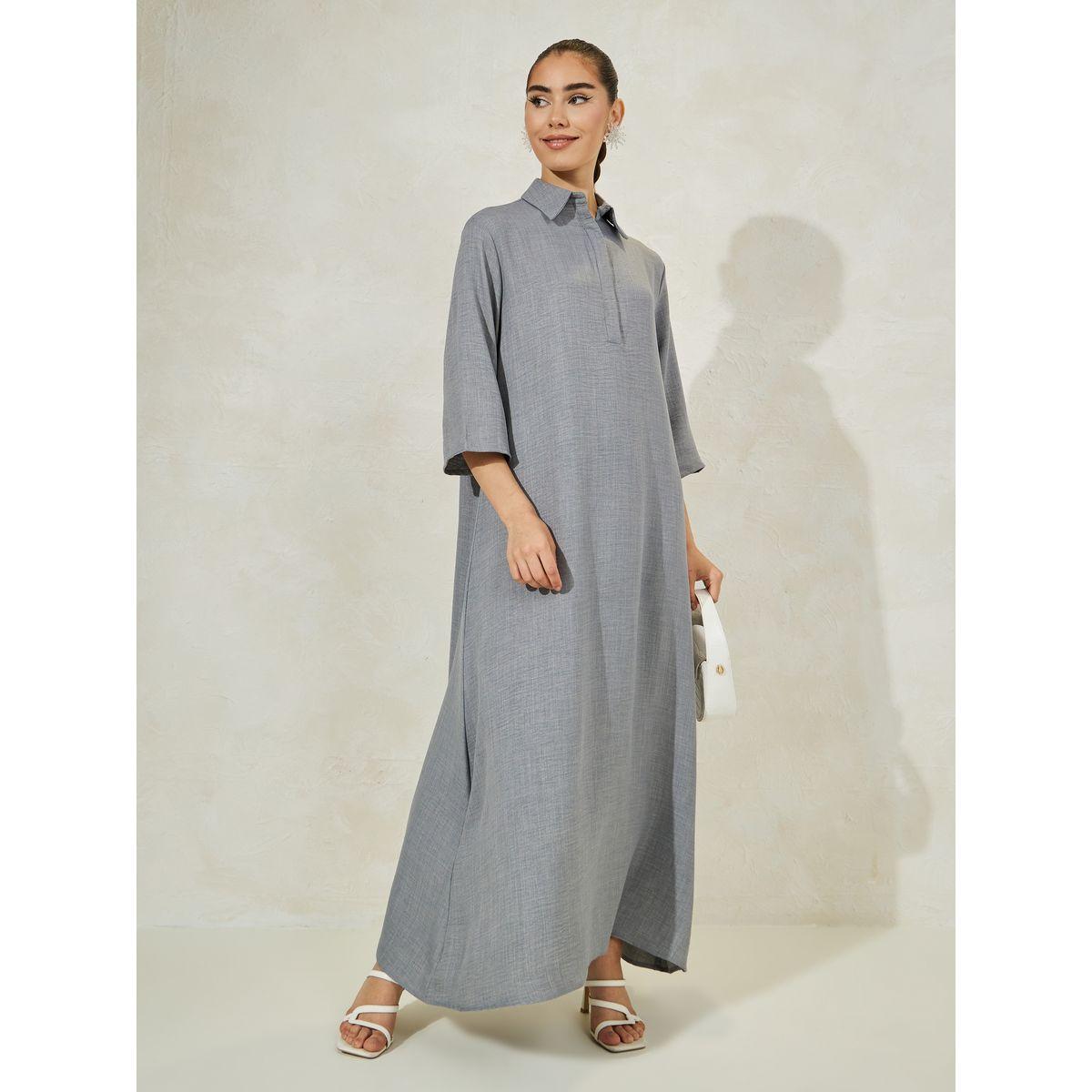 Styli Denim Look Collared Jalabiya-women-arabicclothing-jalabiyas-image-1