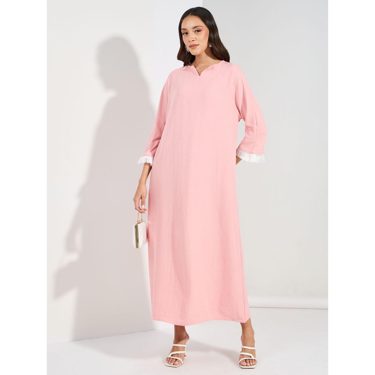 Styli Fringe Trim Notch Neck Jalabiya-women-arabicclothing-jalabiyas-image-1