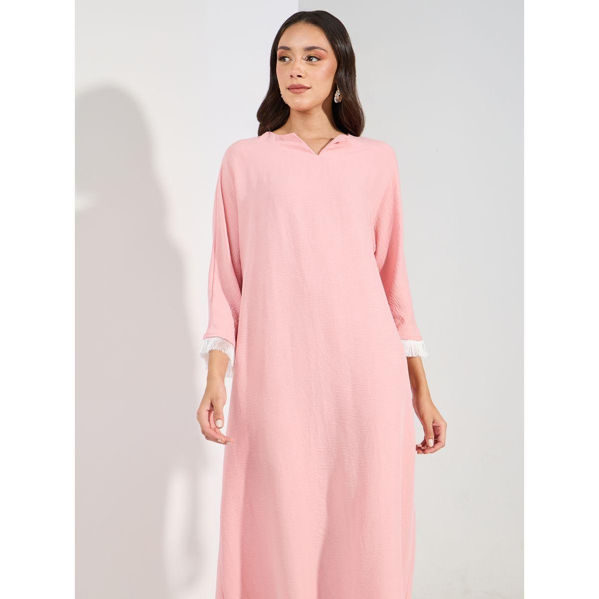 Styli Fringe Trim Notch Neck Jalabiya-women-arabicclothing-jalabiyas-image-2