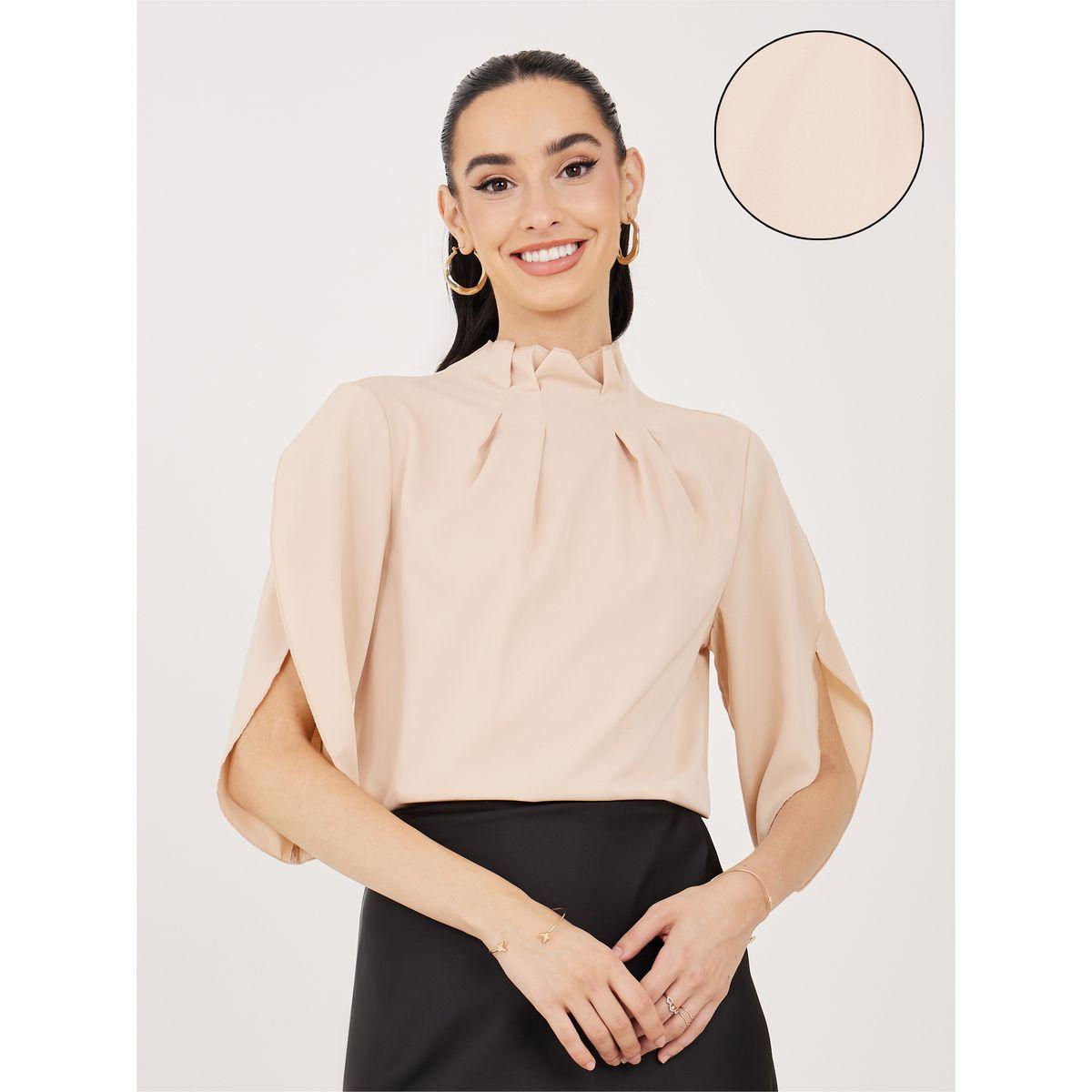 بلوزة بياقة عالية وكسرات مع اكمام تيوليب-women-clothing-shirtsandblouses-blouses-image-1