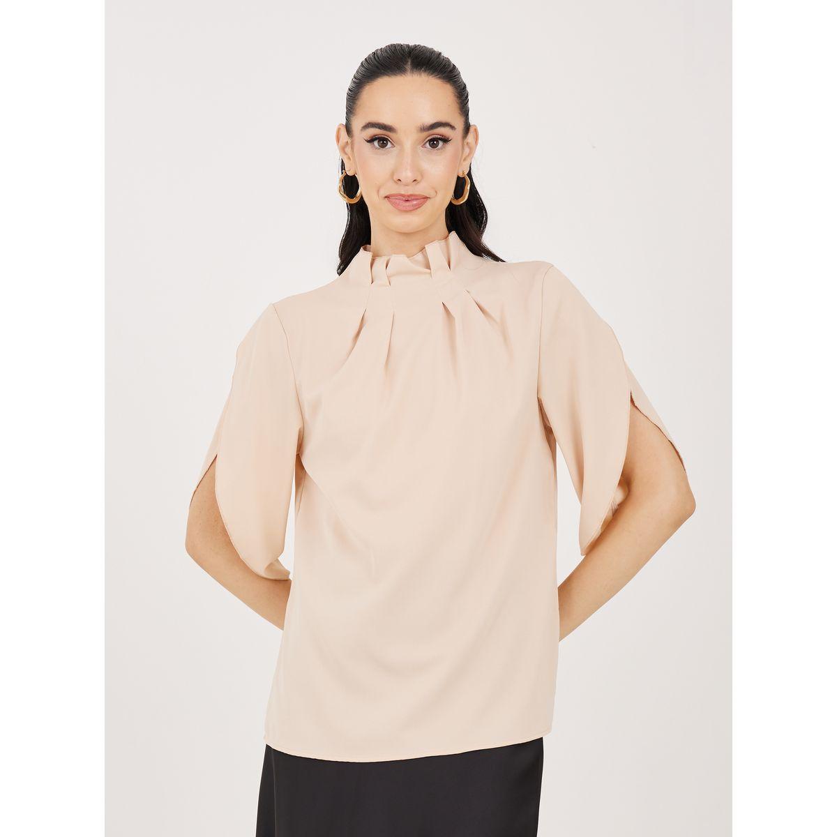 بلوزة بياقة عالية وكسرات مع اكمام تيوليب-women-clothing-shirtsandblouses-blouses-image-2