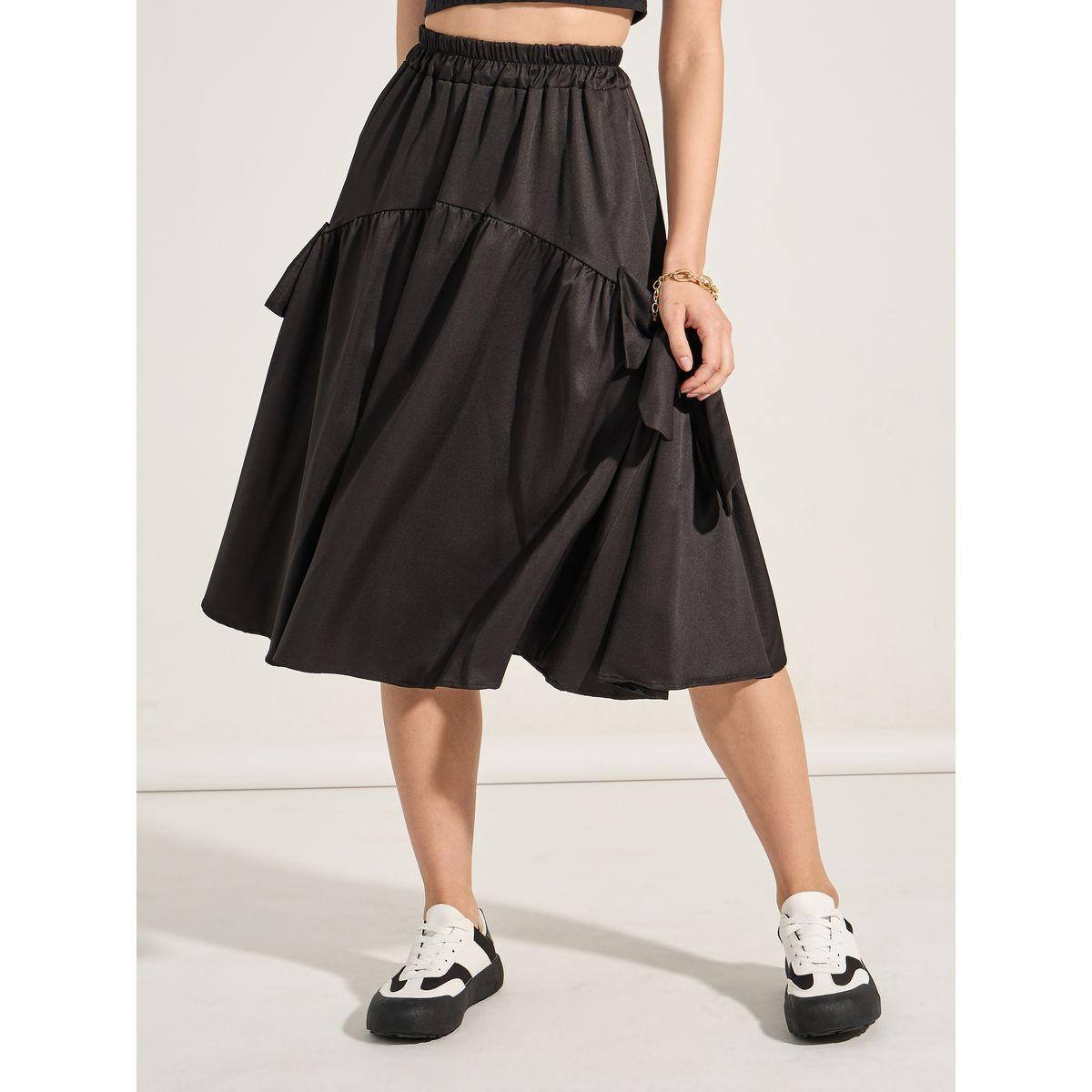 Styli Solid Bow Knot Ruffle Hem Midi Skirt-women-clothing-bottoms-skirts-image-1