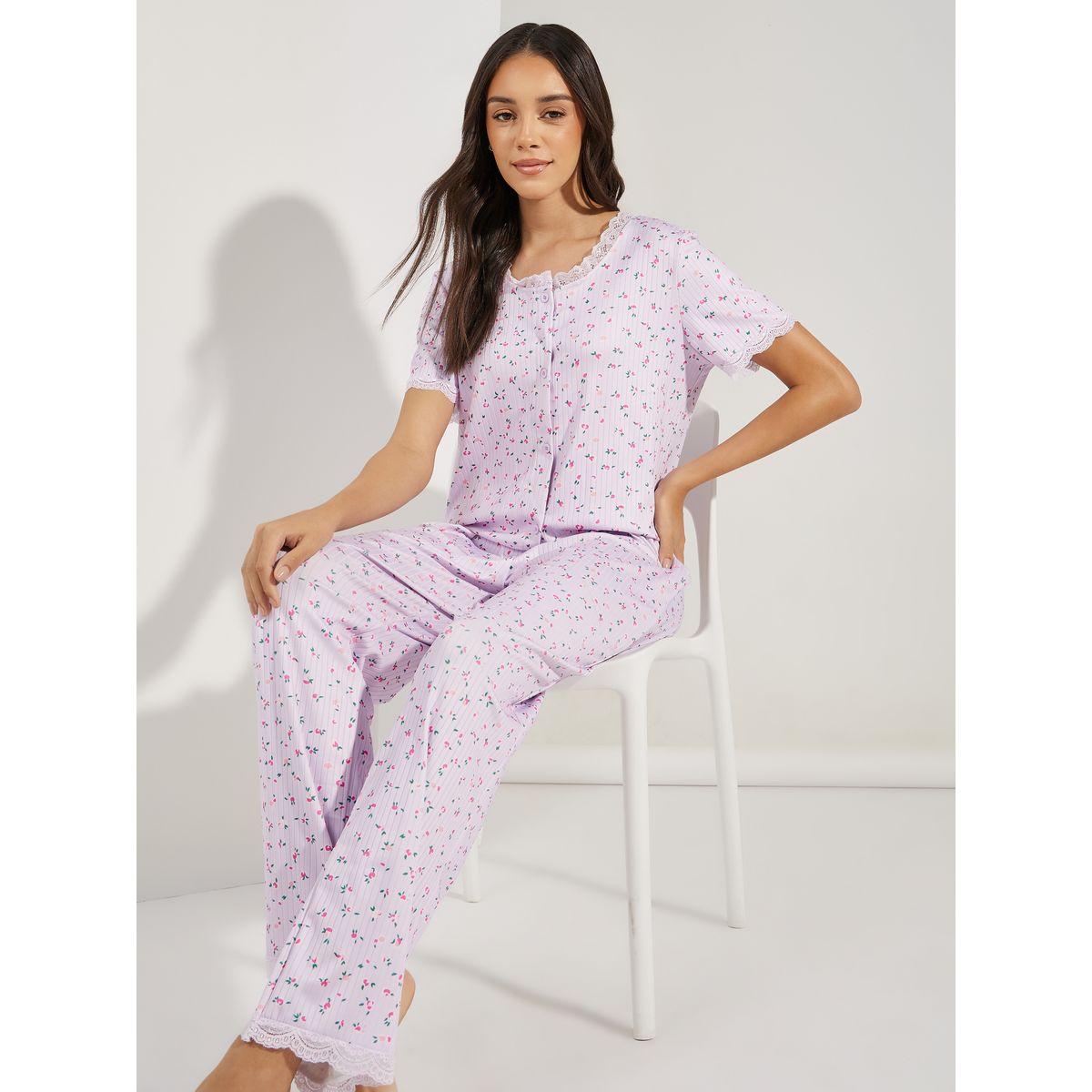 Styli Unwind Ribbed AOP Lace Trim Shirt & Pyjama Set-women-clothing-nightwear-pyjamas-longsets-image-1