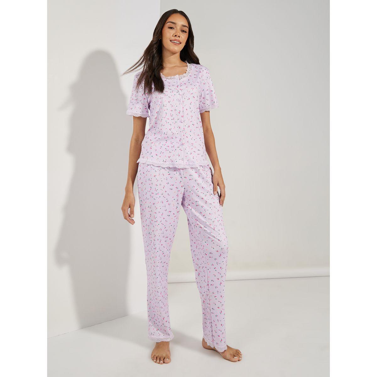 Styli Unwind Ribbed AOP Lace Trim Shirt & Pyjama Set-women-clothing-nightwear-pyjamas-longsets-image-2