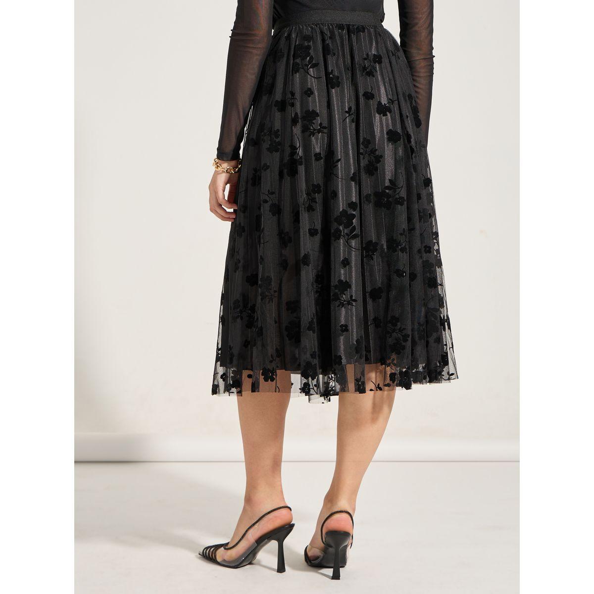 Styli Floral Flocked Mesh Insert A-Line Midi Skirt-women-clothing-bottoms-skirts-image-4