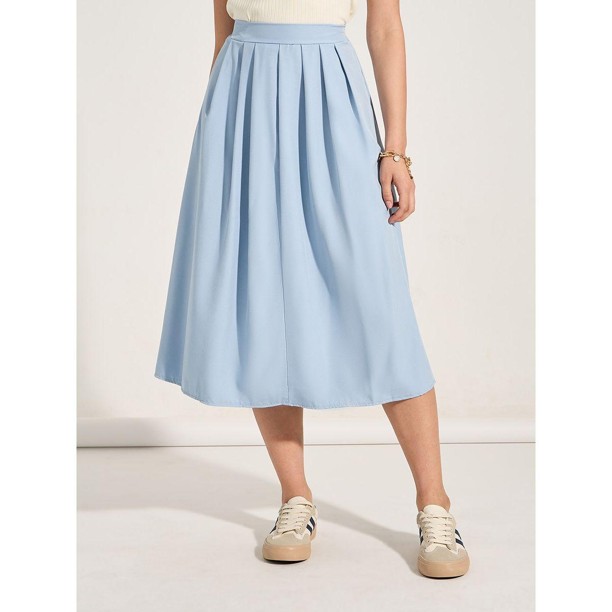 Styli Solid Fold Pleated Detail Midi Skirt-women-clothing-bottoms-skirts-image-1