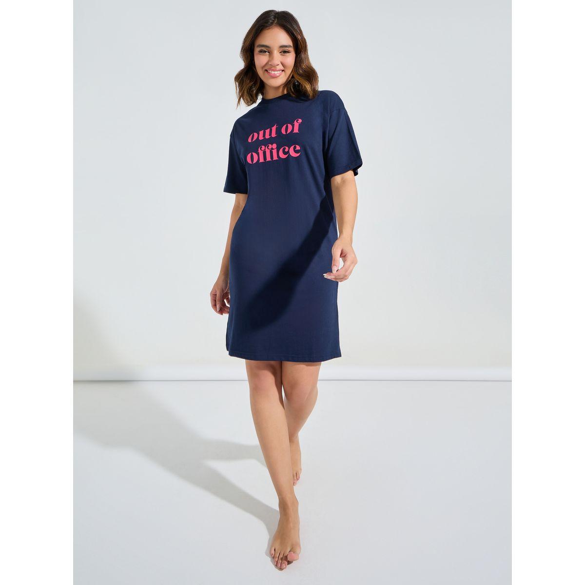 Styli Unwind Cotton Drop Shoulder Slogan Sleep T-Shirt Dress-women-clothing-nightwear-nighties-image-2