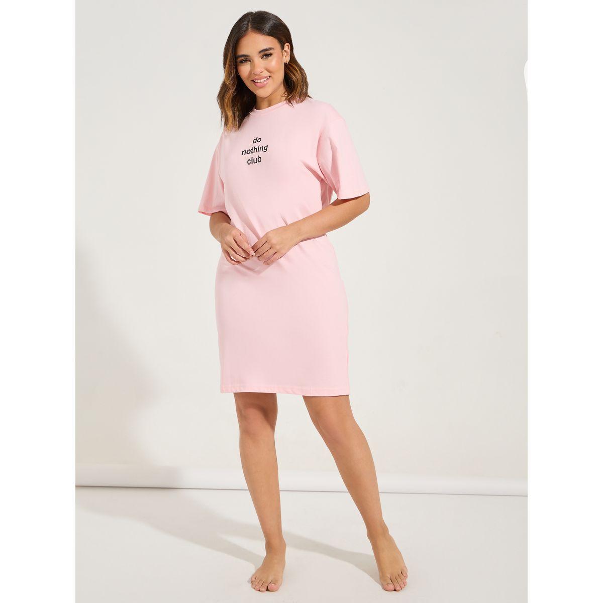 Styli Unwind Cotton Drop Shoulder Slogan Sleep T-Shirt Dress-women-clothing-nightwear-nighties-image-2