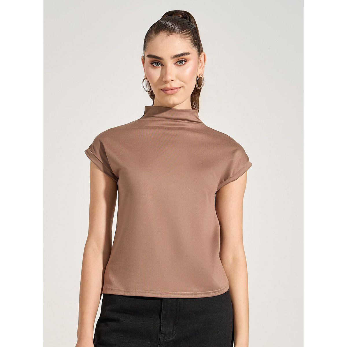 تيشيرت بقصة سليم فت مع ياقة عالية واكمام كاب-women-clothing-tshirts-image-3
