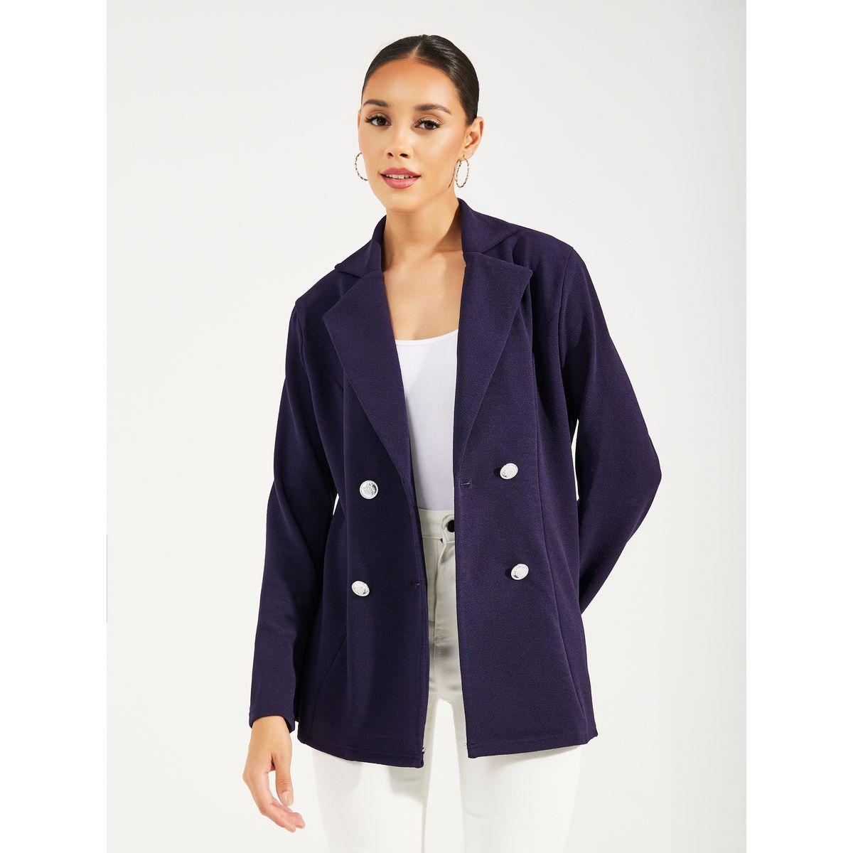 بليزر محبوك بصدر مزدوج وقصة عادية-women-clothing-coatsandjackets-blazers-image-1