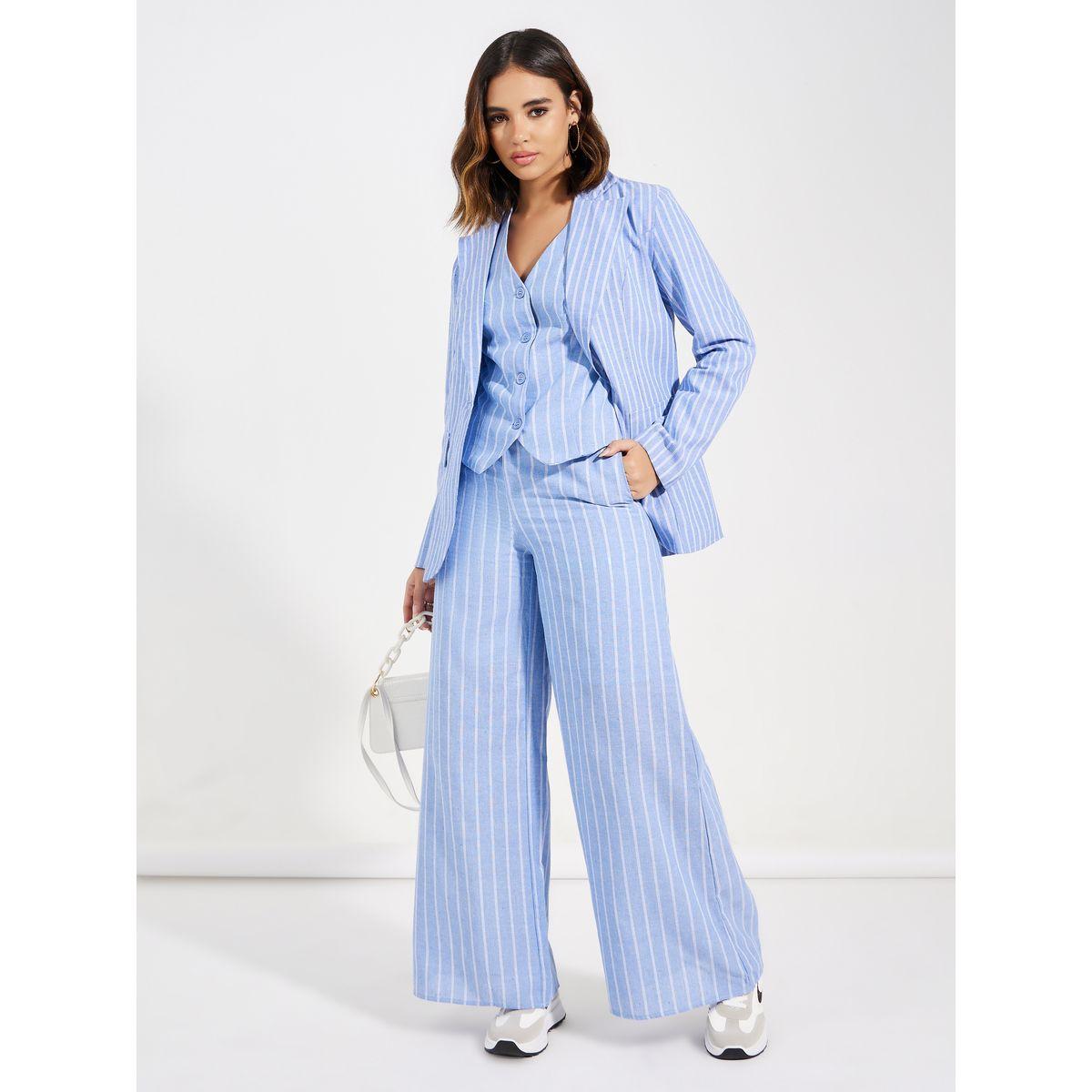 بليزر مخطط بقصة عادية مع تفاصيل طيات-women-clothing-coatsandjackets-blazers-image-5