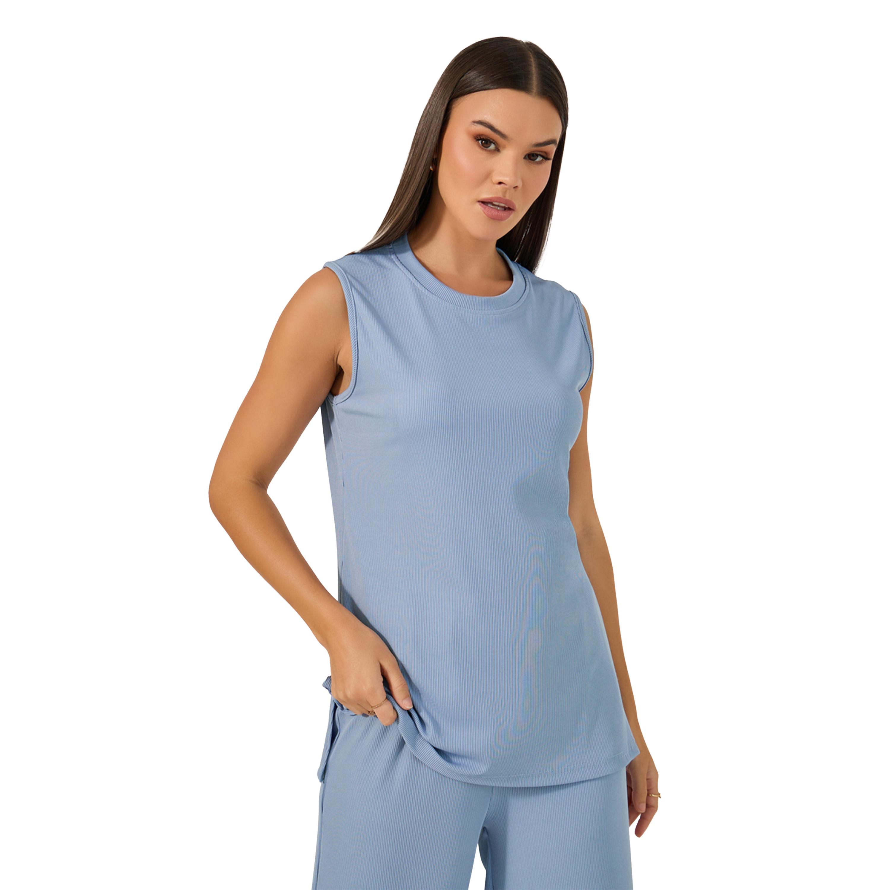ستايلي -  طقم من بلوزة محبوكة بدون أكمام مع بنطال رياضي واسع الساق-women-clothing-coordsets-image-3