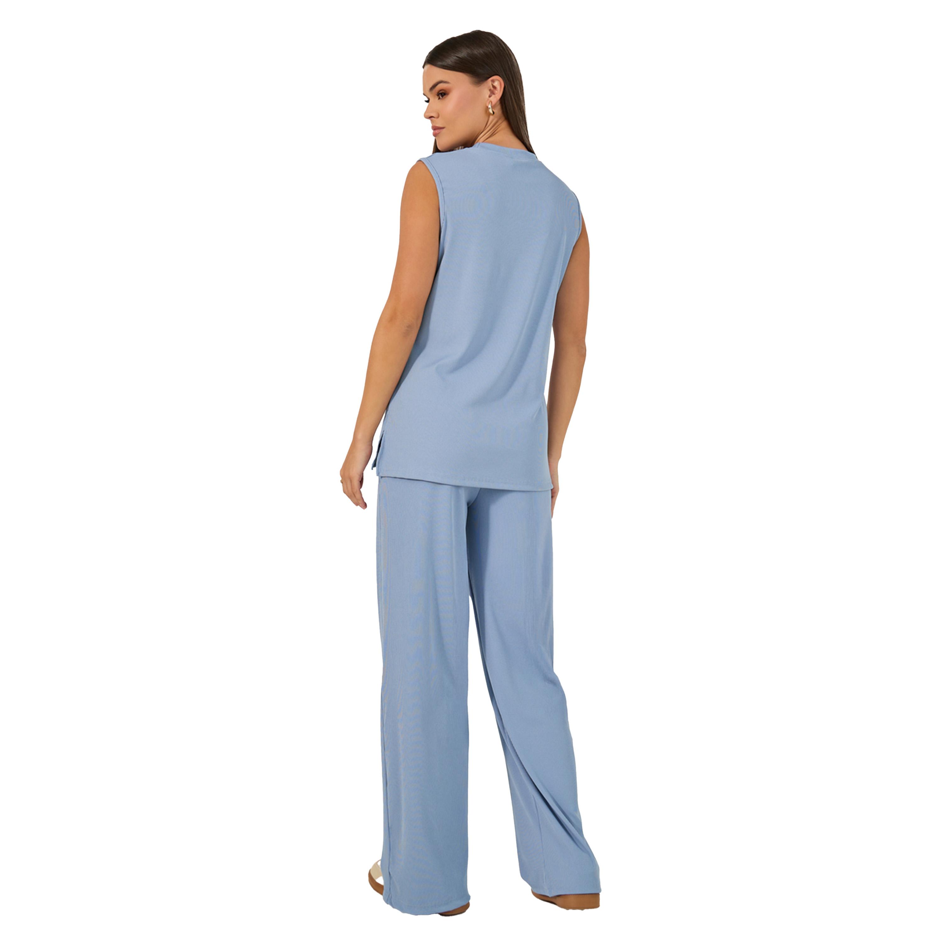 ستايلي -  طقم من بلوزة محبوكة بدون أكمام مع بنطال رياضي واسع الساق-women-clothing-coordsets-image-5