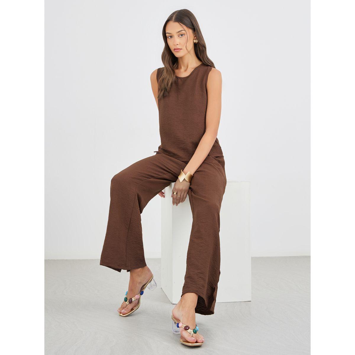 Styli Solid Sleeveless Top and Wide Leg Pants Co-Ords-women-clothing-coordsets-image-1