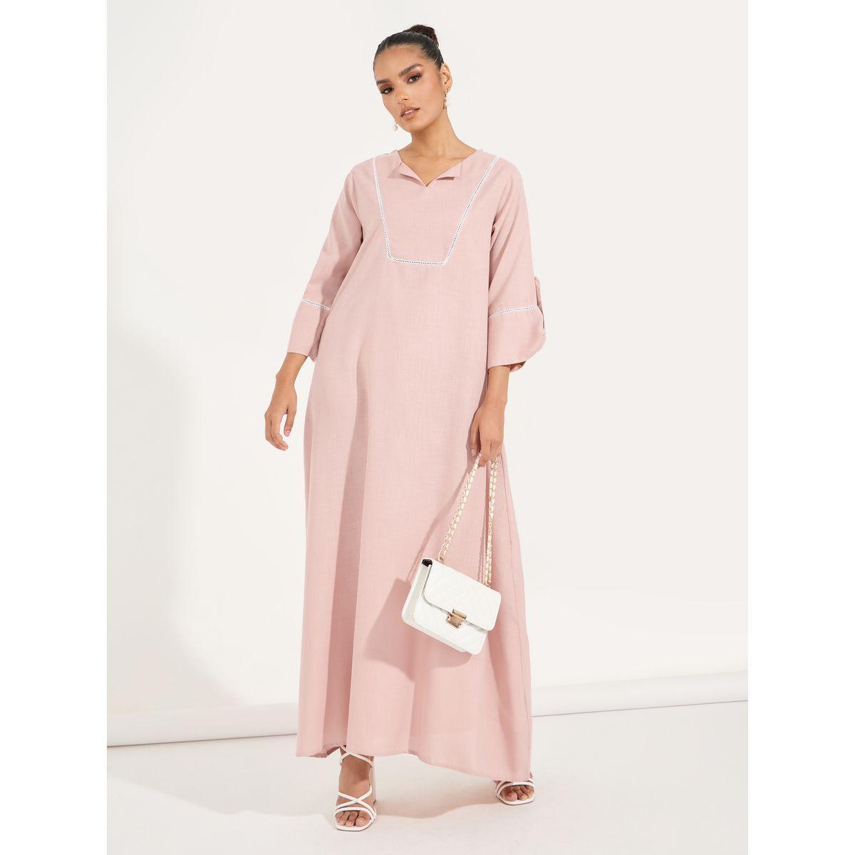Styli Linen Look Jalabiya with Roll-Up Sleeves-women-arabicclothing-jalabiyas-image-1