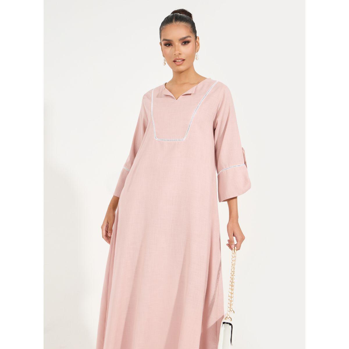 جلابية طويلة بمظهر الكتان مع أكمام مطوية-women-arabicclothing-jalabiyas-image-2