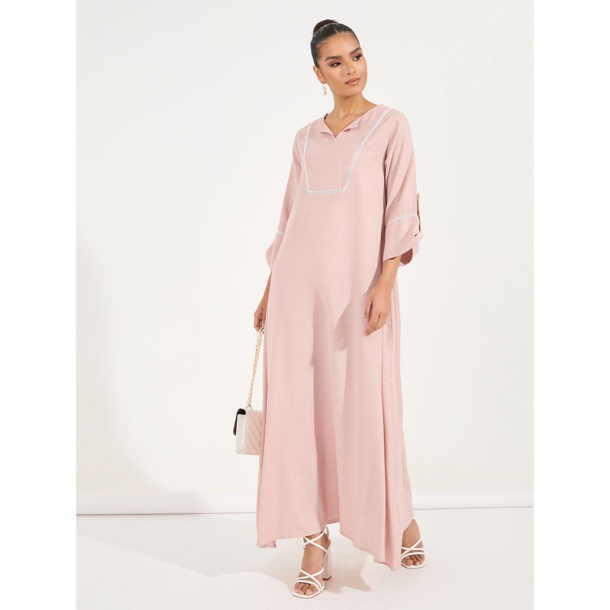 جلابية طويلة بمظهر الكتان مع أكمام مطوية-women-arabicclothing-jalabiyas-image-5