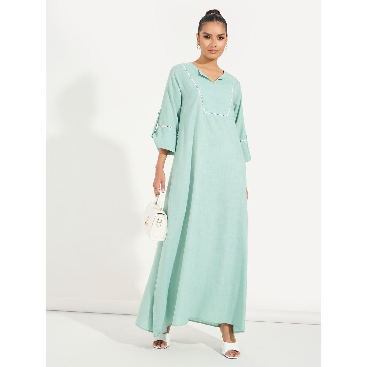 Styli Linen Look Jalabiya with Roll-Up Sleeves-women-arabicclothing-jalabiyas-image-1