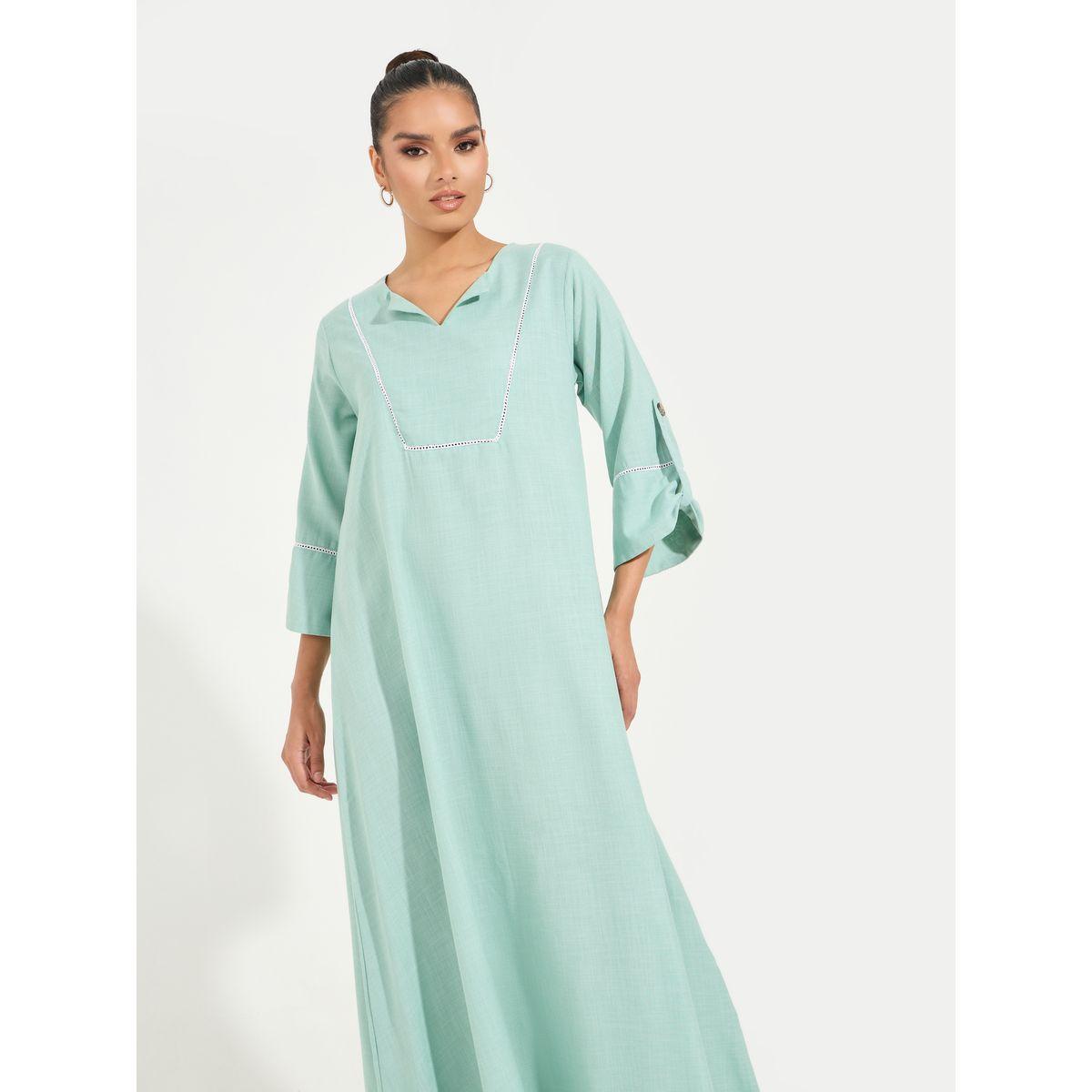 Styli Linen Look Jalabiya with Roll-Up Sleeves-women-arabicclothing-jalabiyas-image-2