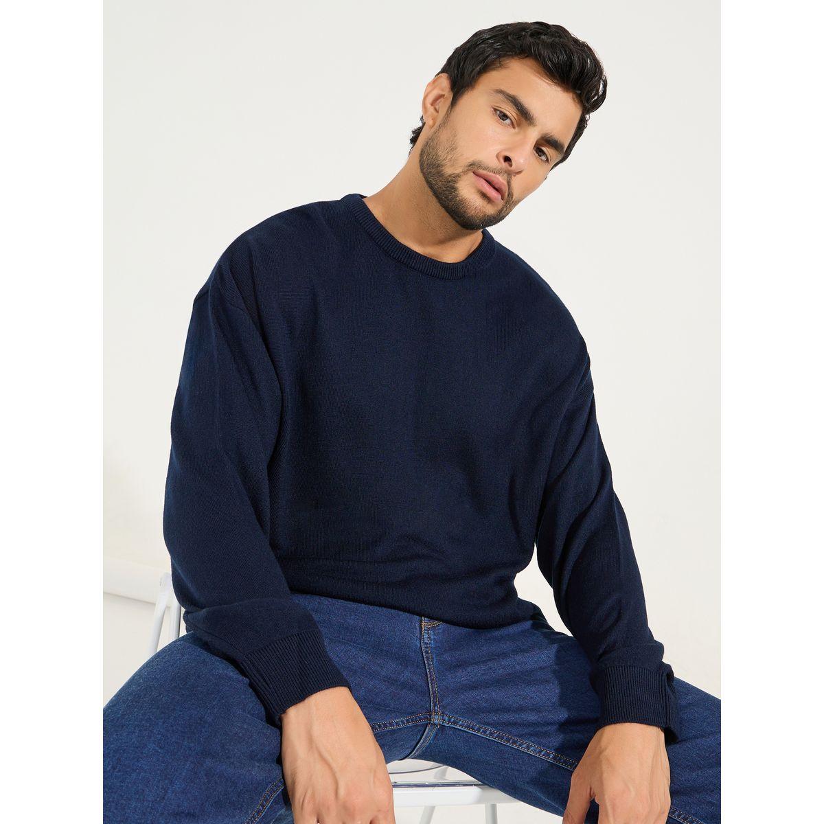 Styli Relaxed Fit Crew Neck Sweater with Dropped Shoulder-men-clothing-sweatersandpullovers-image-1